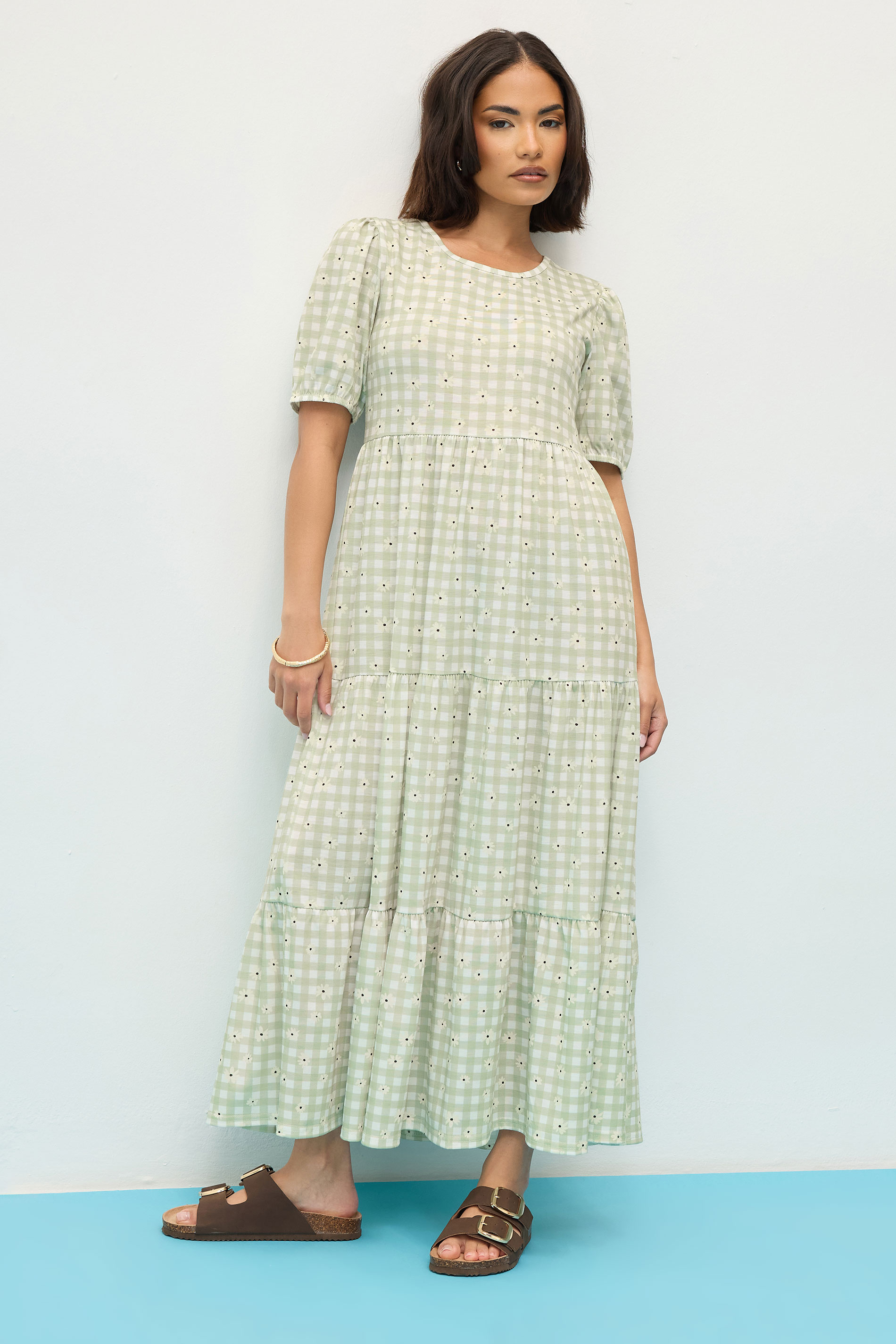 PixieGirl Petite Women's Sage Green Daisy Gingham Tiered Smock Dress | PixieGirl 1