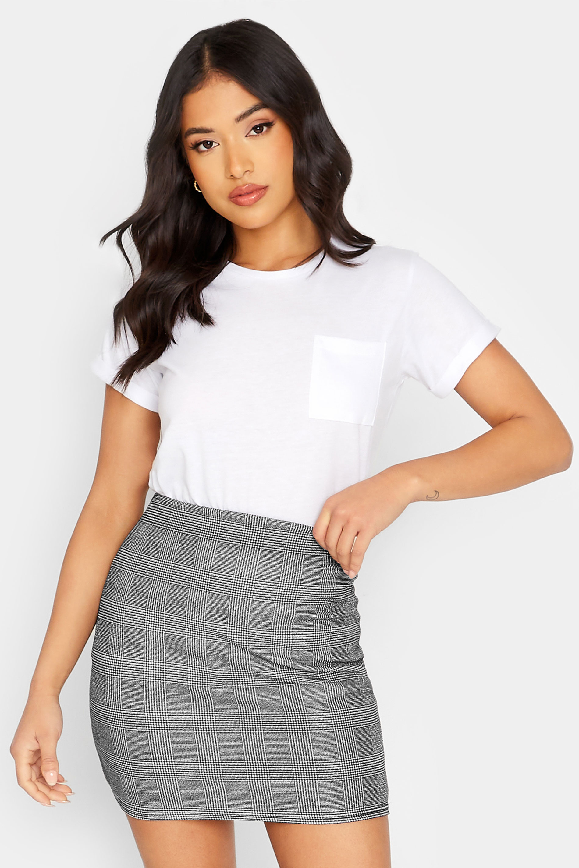 Petite Black & Grey Check Stretch Mini Skirt | PixieGirl 1