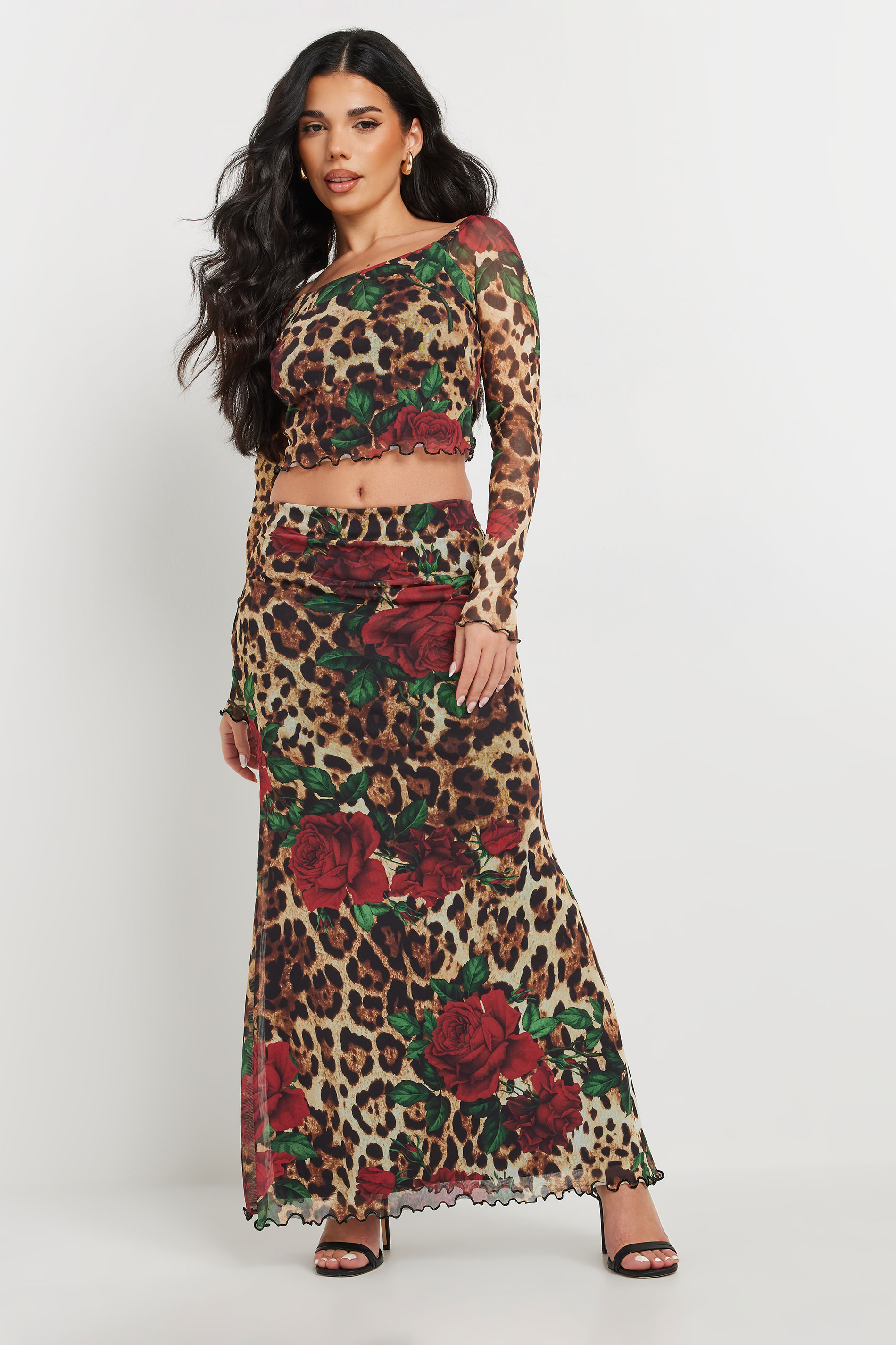 PixieGirl Petite Women's Beige Brown Leopard Print Rose Mesh Skirt | PixieGirl 1