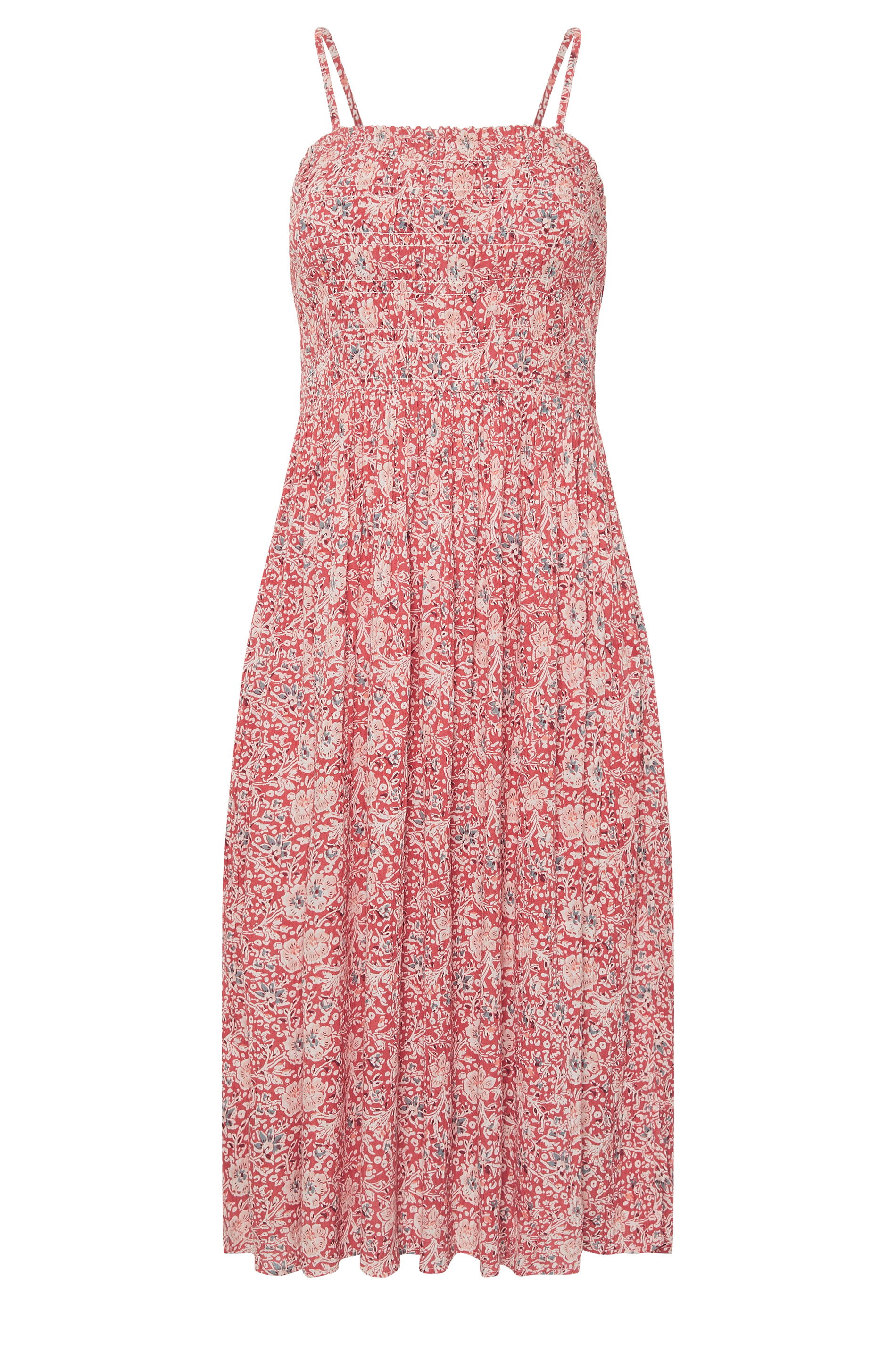 PixieGirl Petite Women's Red Floral Shirred Linen Midi Dress | PixieGirl 5