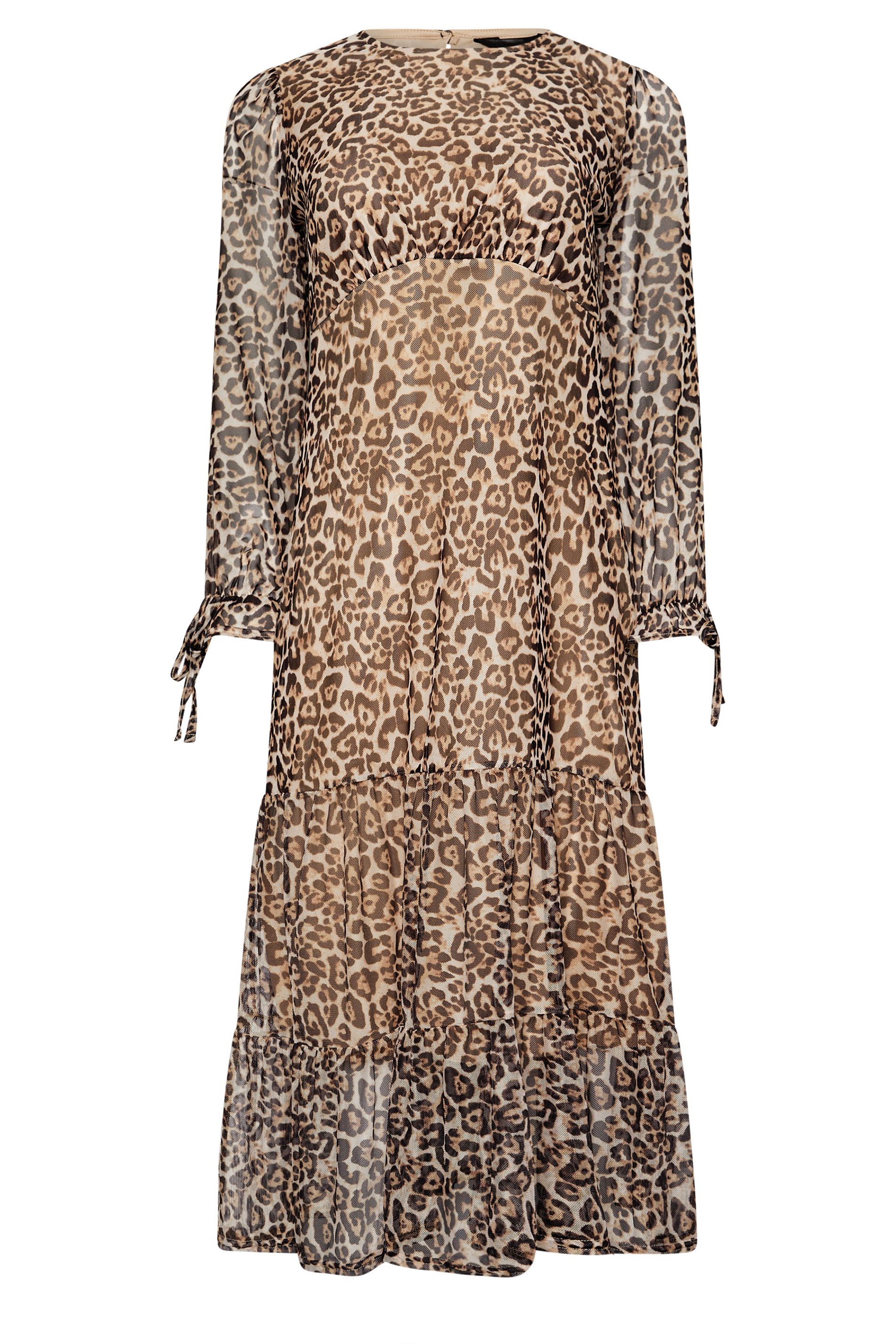 PixieGirl Petite Women's Beige Brown Leopard Print Mesh Tiered Dress | PixieGirl 5