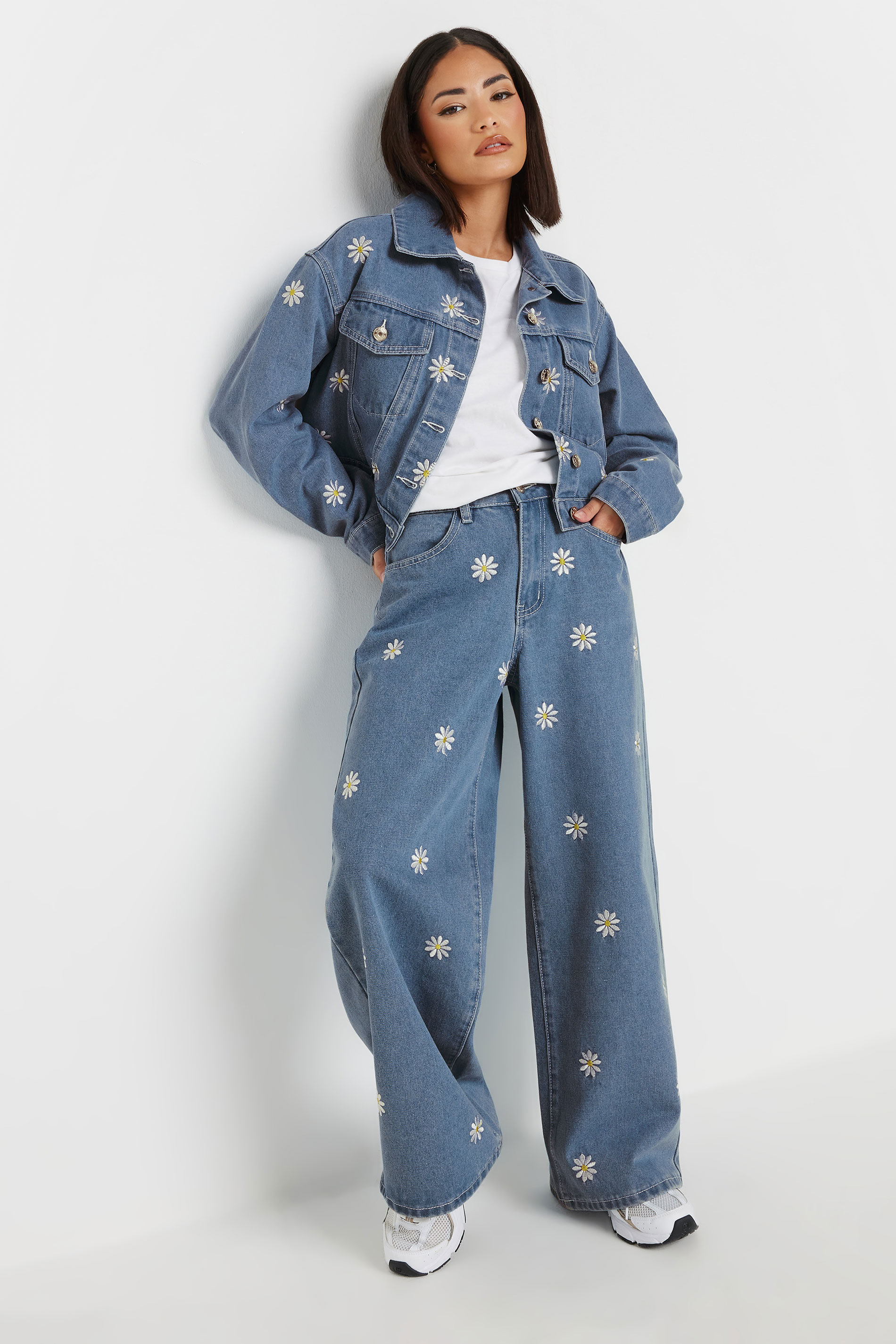 PixieGirl Petite Women's Blue Denim Daisy Embroidered Jacket | PixieGirl 4