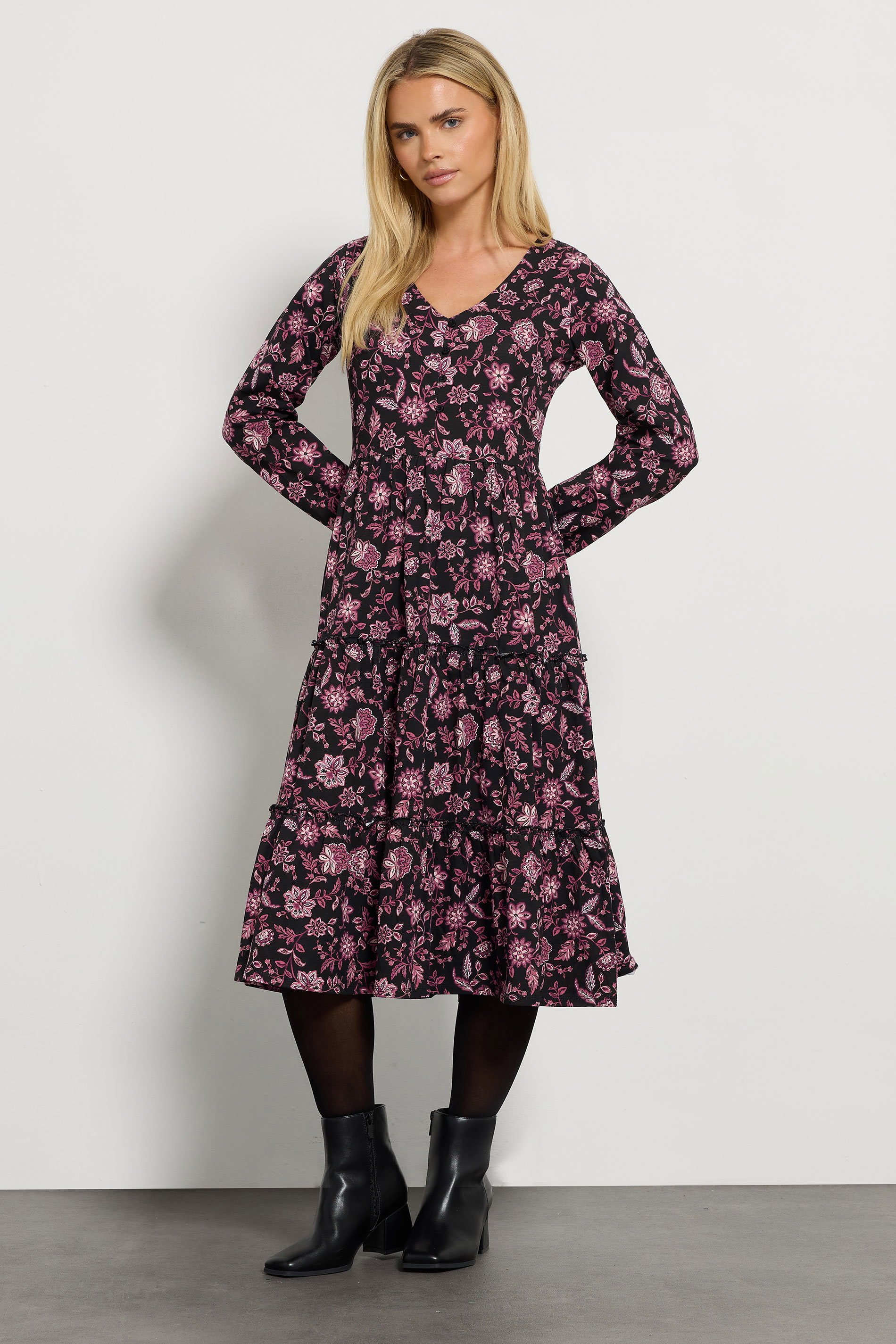 M&Co Petite Black Floral Tiered Midi Dress | M&Co 3
