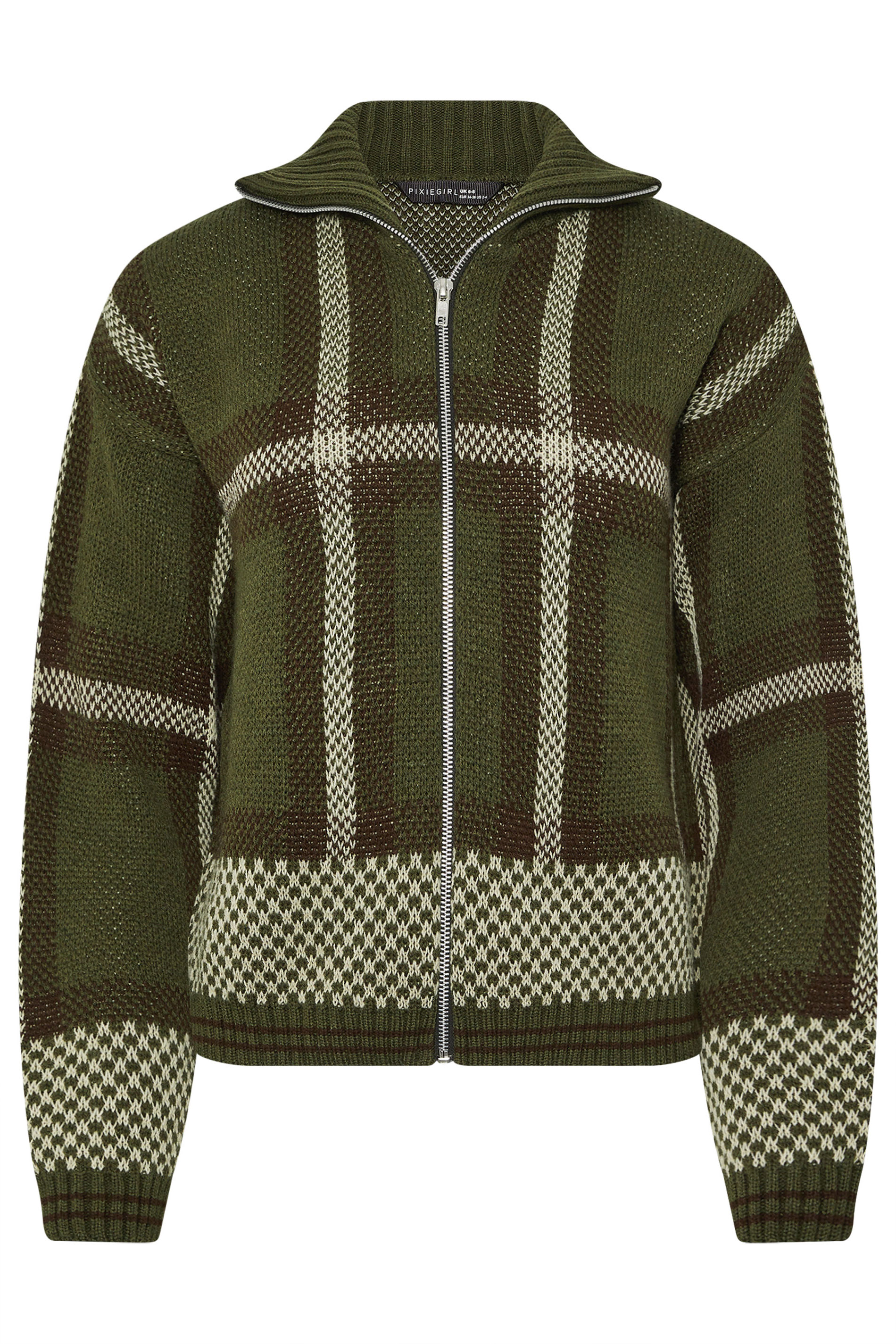 PixieGirl Petite Women's Green Knitted Check Zip Cardigan | PixieGirl 5