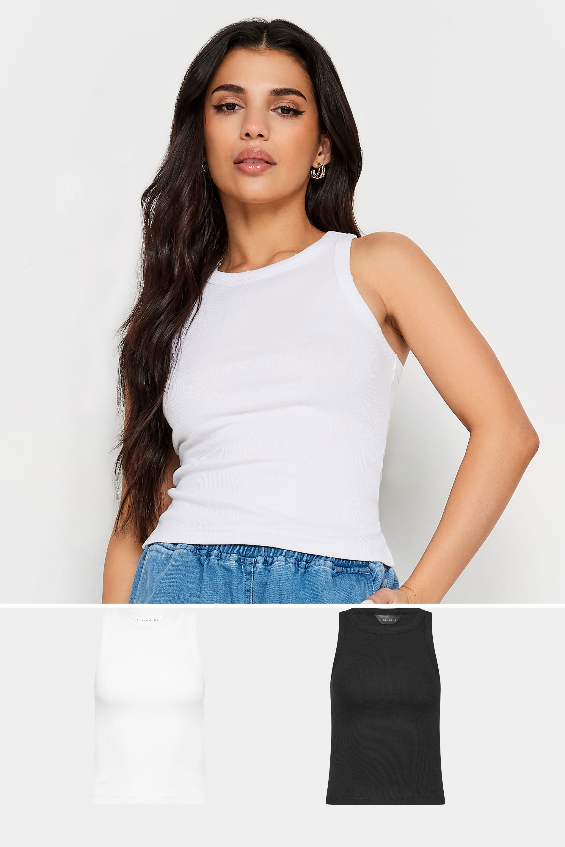 PixieGirl Petite Womens 2 PACK Black Acid Wash & White Plain Racer Neck Vest Tops | PixieGirl 1