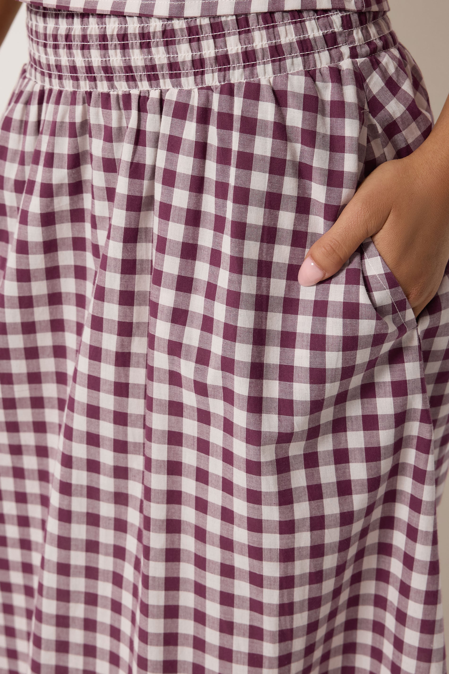 PixieGirl Petite Women's Plum Purple Gingham Cotton Shirred Maxi Skirt | PixieGirl 5