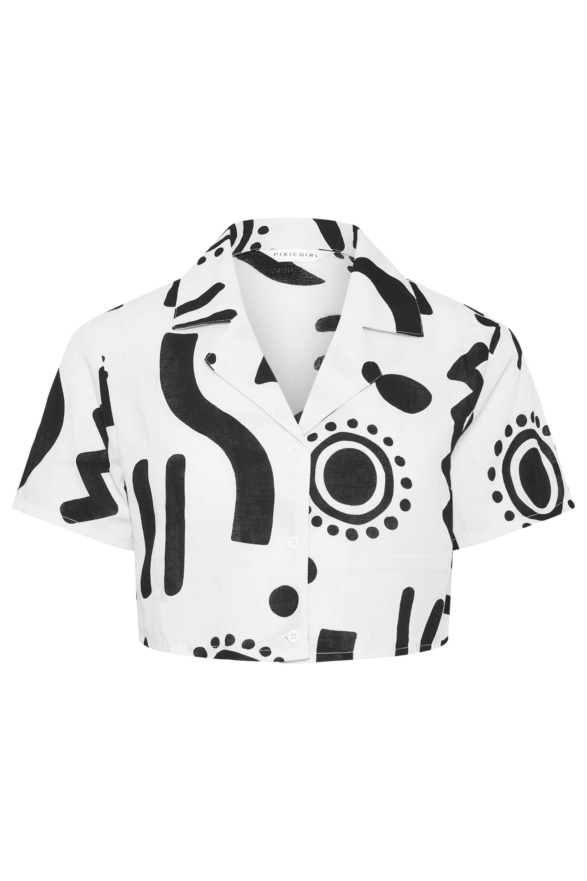 PixieGirl Petite Womens White Abstract Print Linen Cropped Shirt | PixieGirl 5