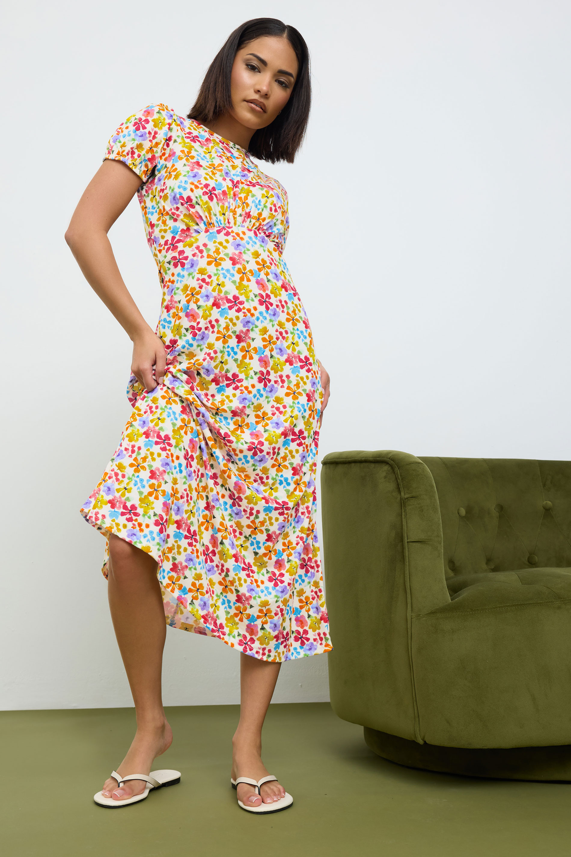 PixieGirl Petite Womens Pink & Yellow Floral Print Puff Sleeve Midi Dress | PixieGirl 2