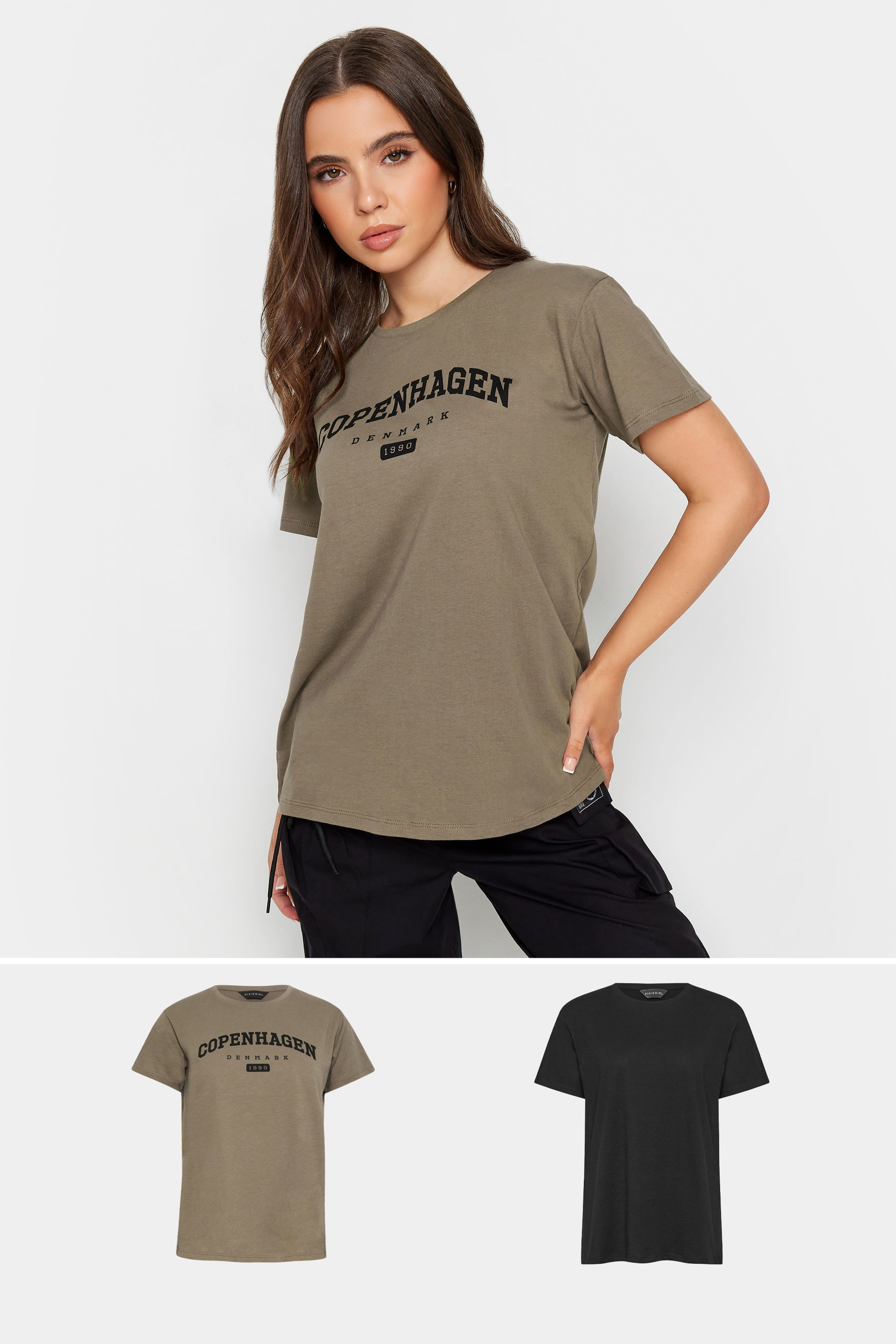 PixieGirl 2 PACK Black & Brown 'Copenhagen' Slogan T-Shirts | PixieGirl  1