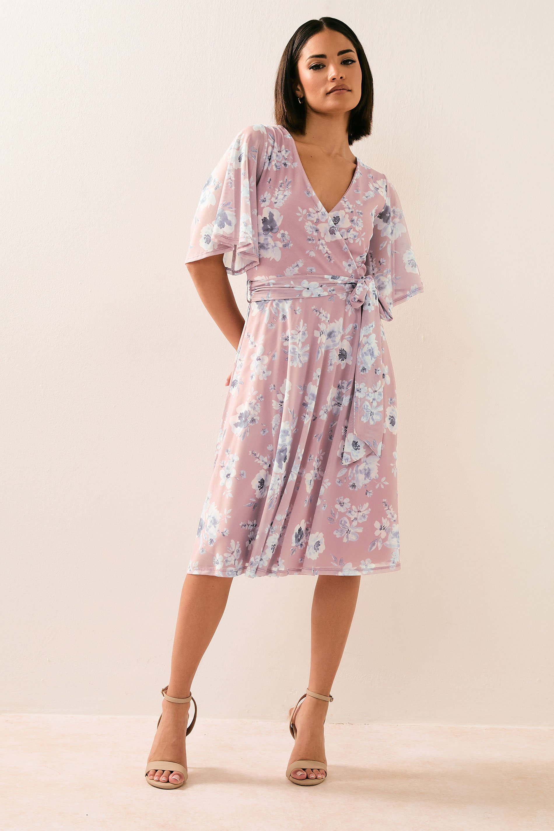 PixieGirl Petite Women's Blush Pink Mesh Floral Wrap Midi Dress | PixieGirl 2