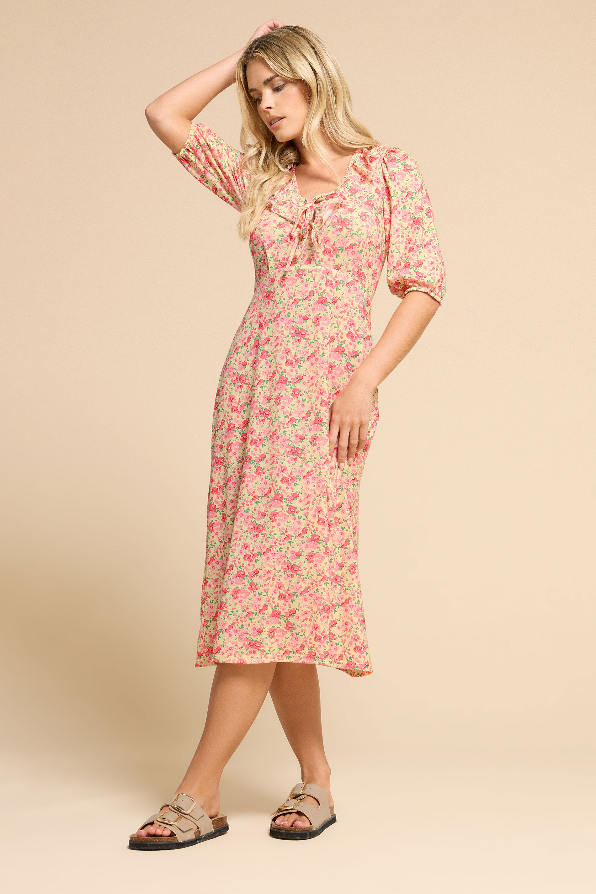 PixieGirl Petite Women's Pink Ditsy Floral Frill Tie Midi Dress | PixieGirl 2