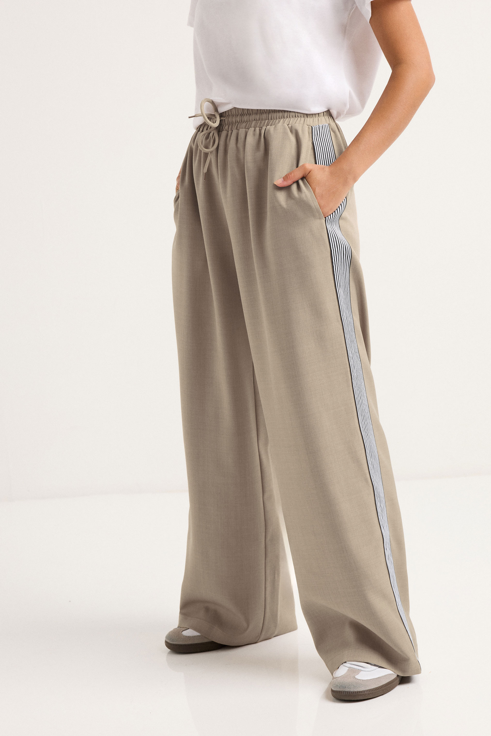 PixieGirl Petite Women's Beige Brown Side Stripe Wide Leg Trouser | PixieGirl 2