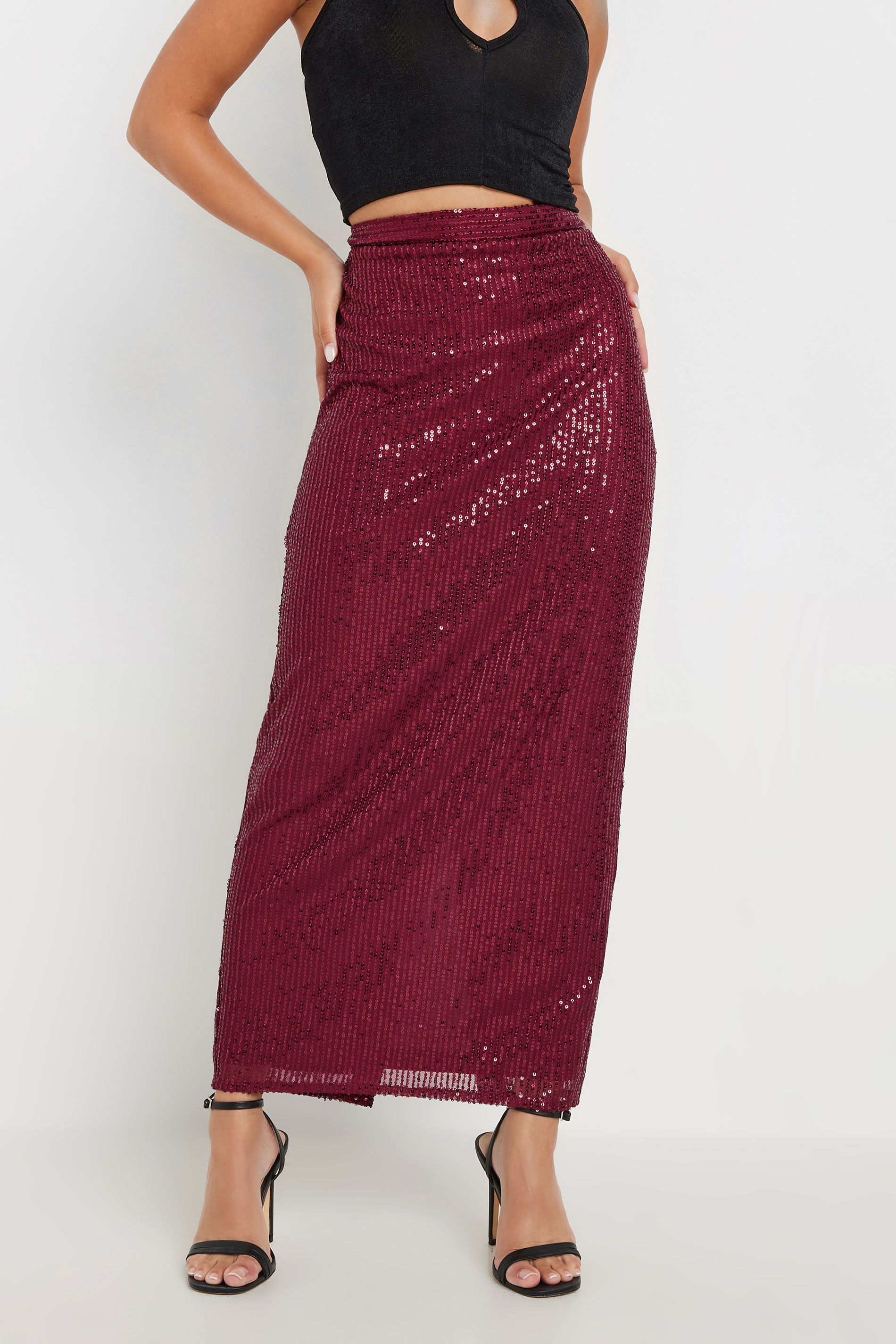 PixieGirl Petite Women's Burgundy Red Sequin Embellished Maxi Skirt | PixieGirl 4