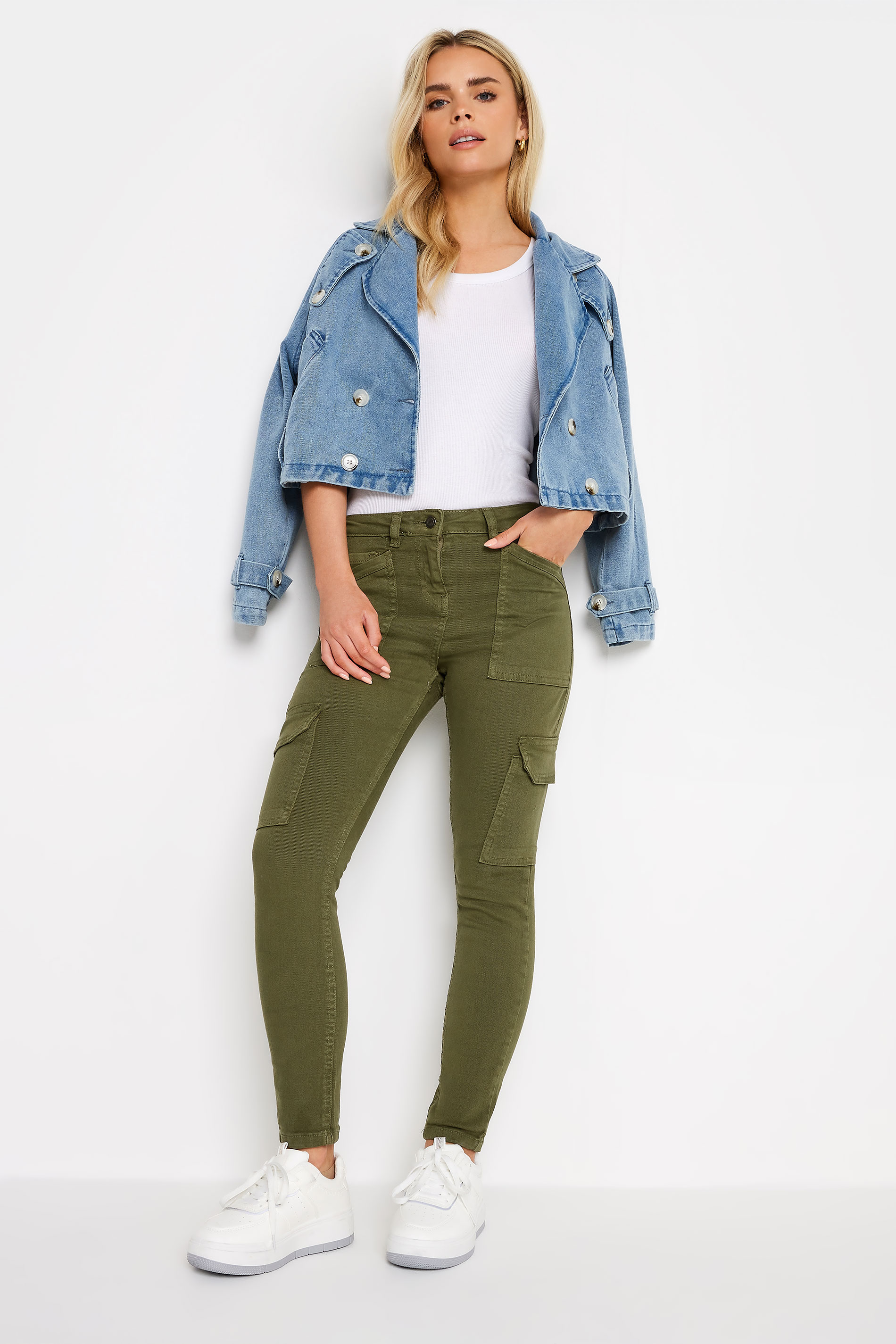PixieGirl Petite Womens Khaki Green Pocket Detail Cargo Skinny Jeans | PixieGirl 3