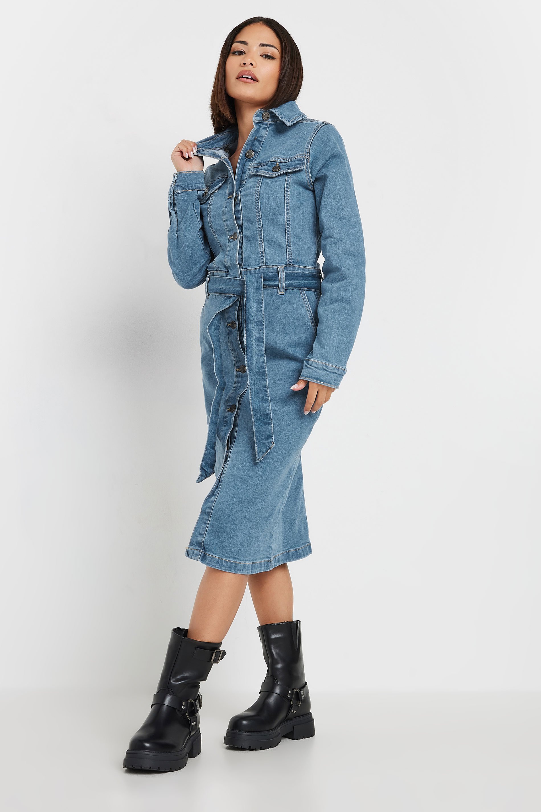 PixieGirl Petite Womens Mid Blue Denim Tie Waist Midi Dress | PixieGirl  2