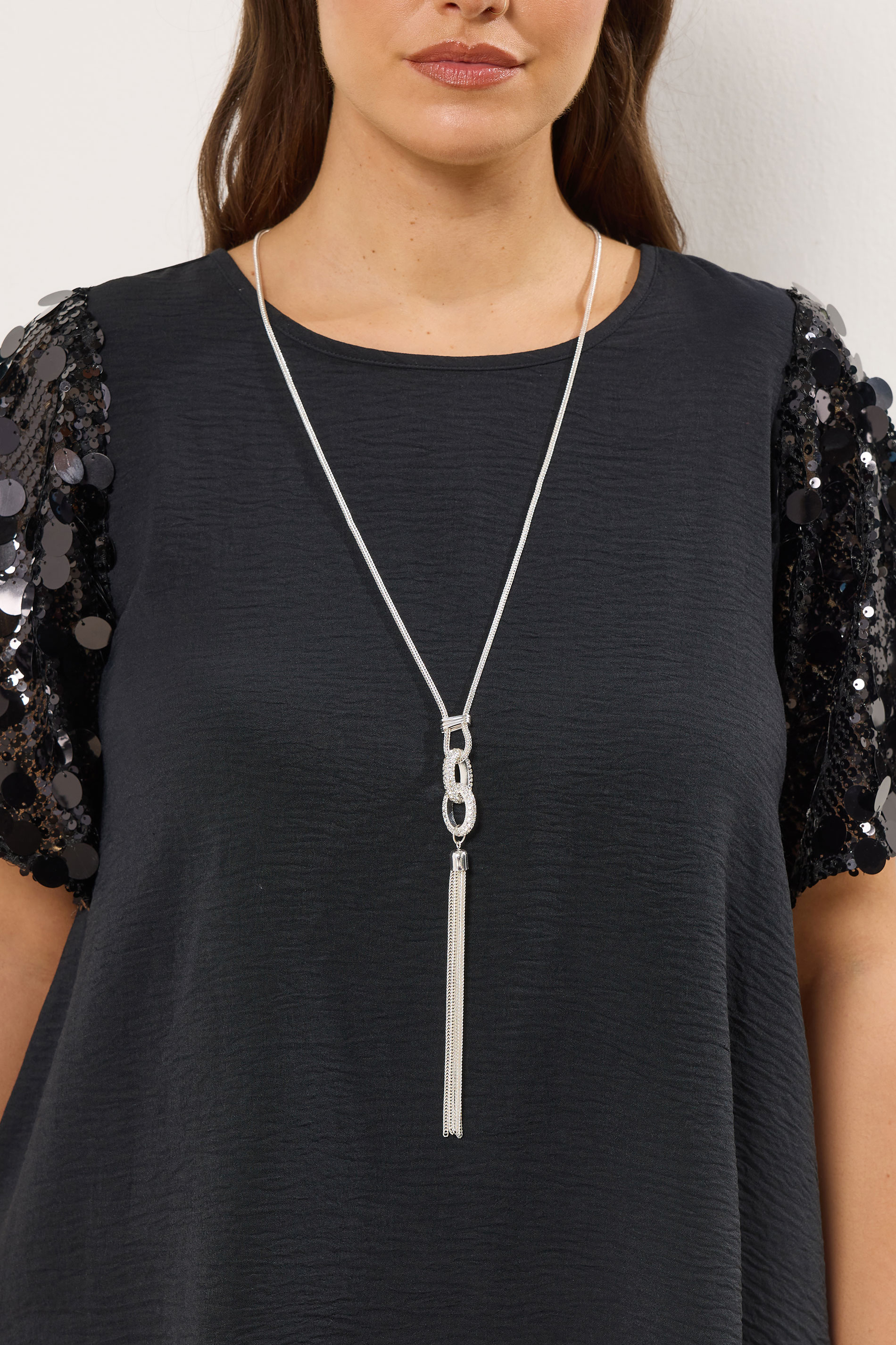 Silver Tone Diamante Link Long Necklace | Yours Clothing 1