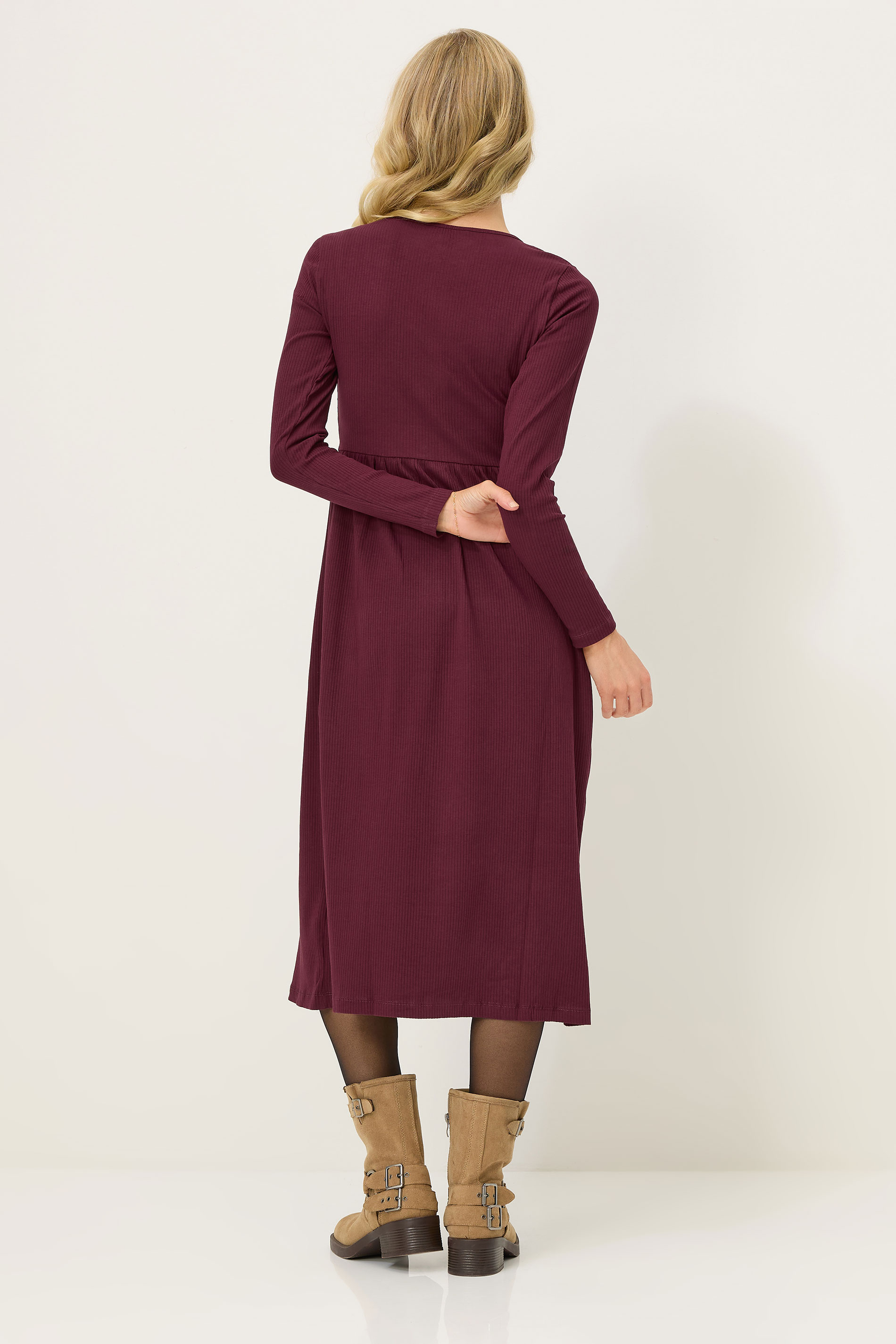 PixieGirl Petite Women's Burgundy Red Ribbed Button Midaxi Dress | PixieGirl 3