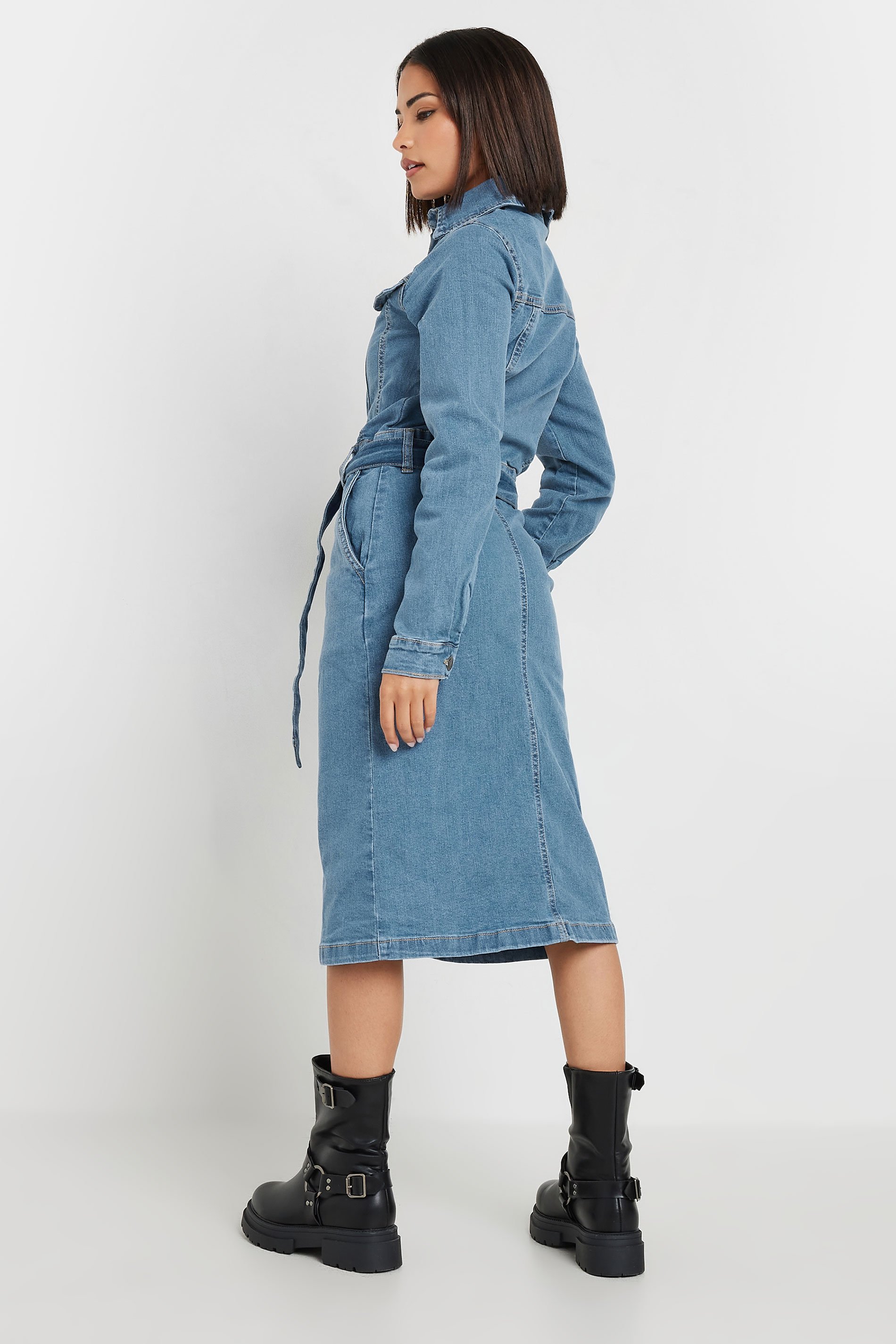 PixieGirl Petite Womens Mid Blue Denim Tie Waist Midi Dress | PixieGirl  4