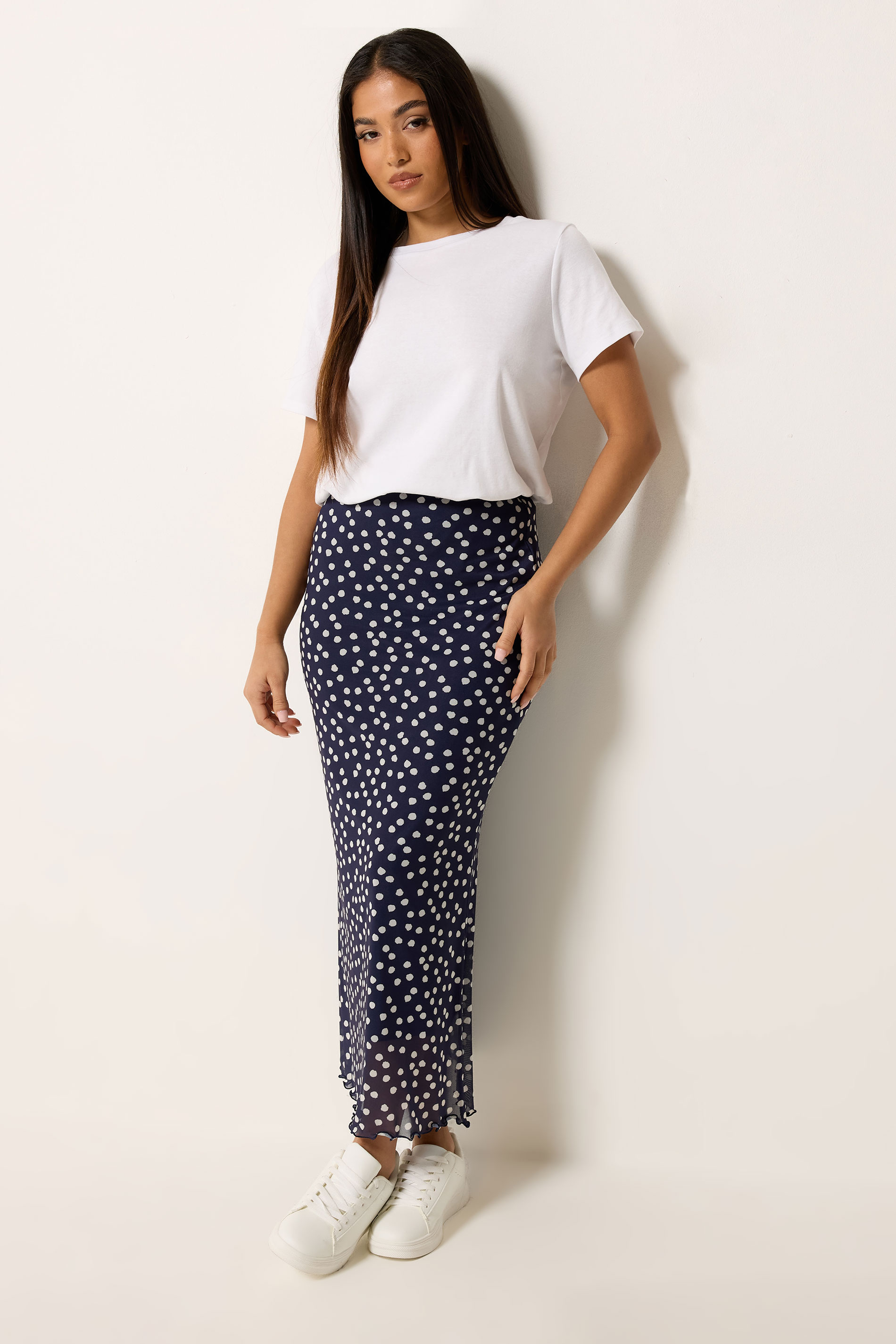 M&Co Petite Navy Blue Polka Dot Mesh Maxi Skirt | M&Co 1