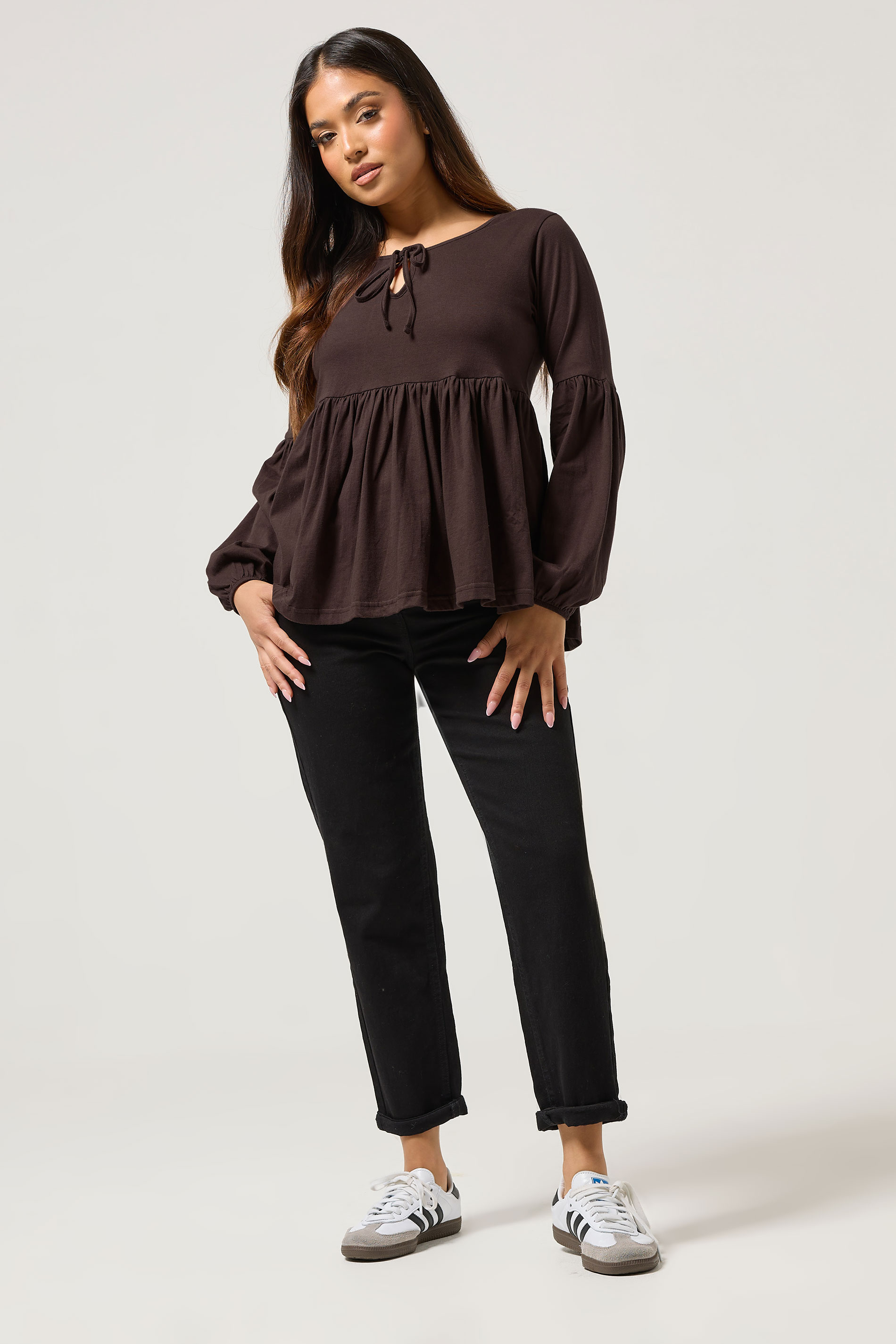 PixieGirl Petite Women's Chocolate Brown Tie Front Smock Top | PixieGirl 2