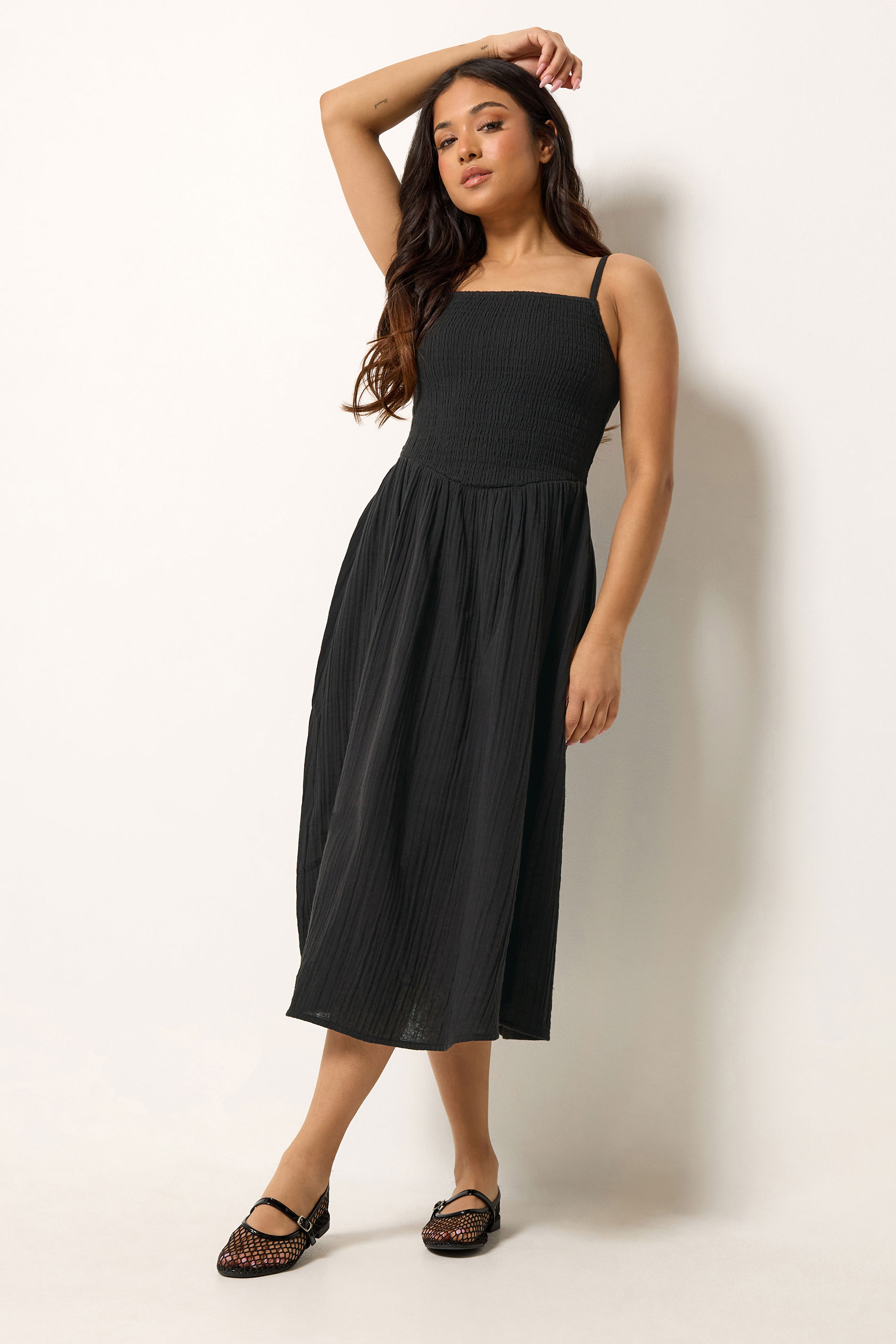 PixieGirl Petite Women's Black Cotton Cheesecloth Midi Dress | PixieGirl 1