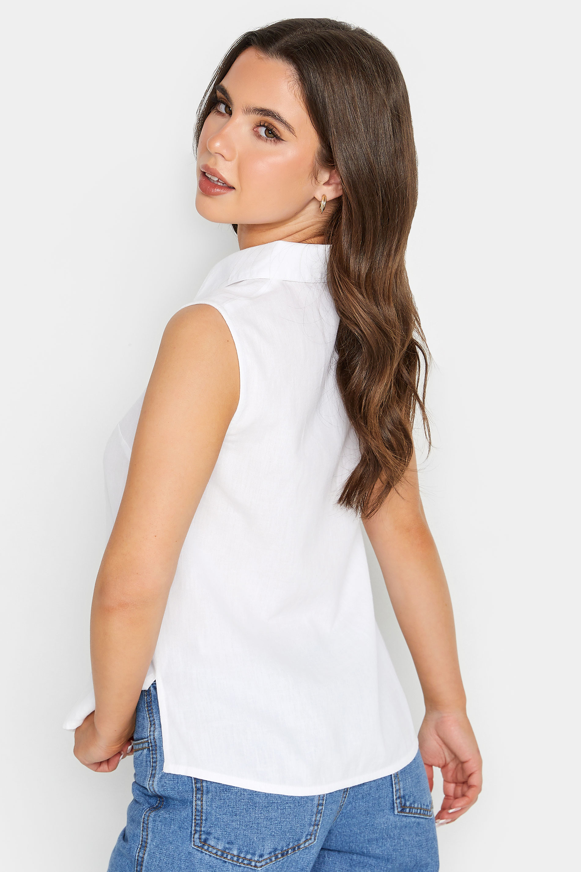 Petite White Linen Blend Sleeveless Shirt | PixieGirl 3