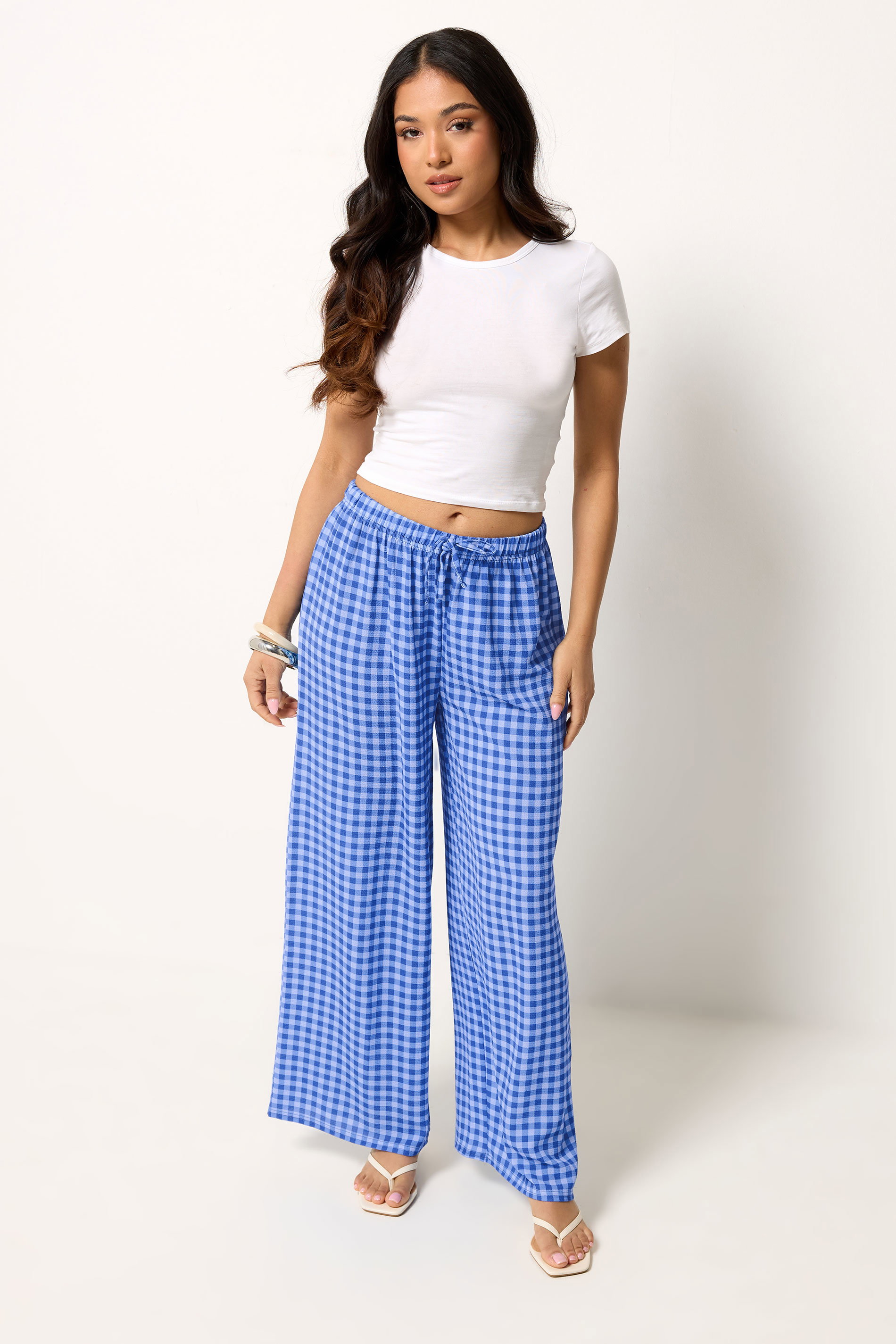 PixieGirl Petite Women's Blue Gingham Wide Leg Trousers | PixieGirl 3