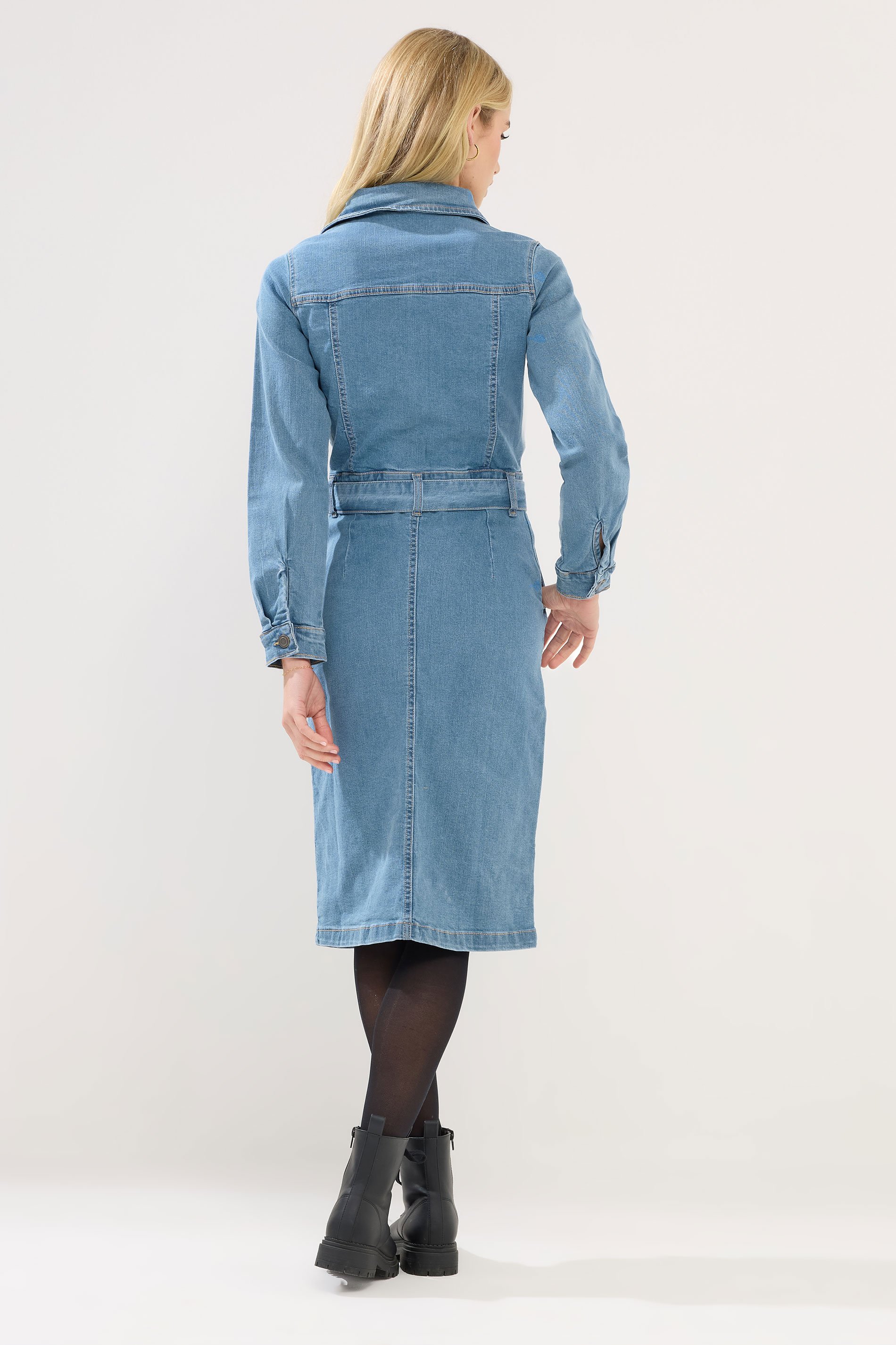 PixieGirl Petite Womens Mid Blue Denim Tie Waist Midi Dress | PixieGirl  3