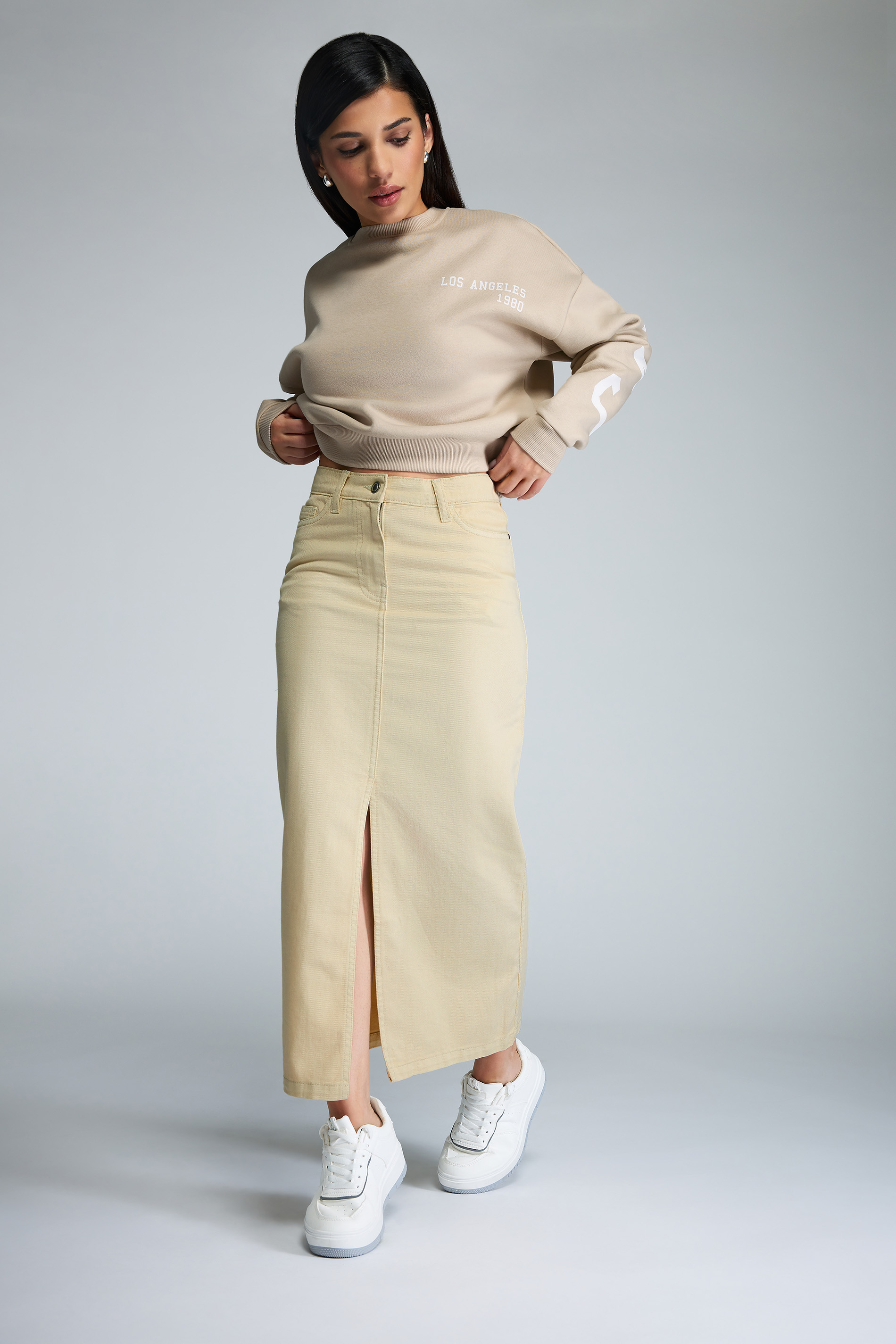 PixieGirl Petite Women's Natural Brown Denim Split Maxi Skirt | PixieGirl  2