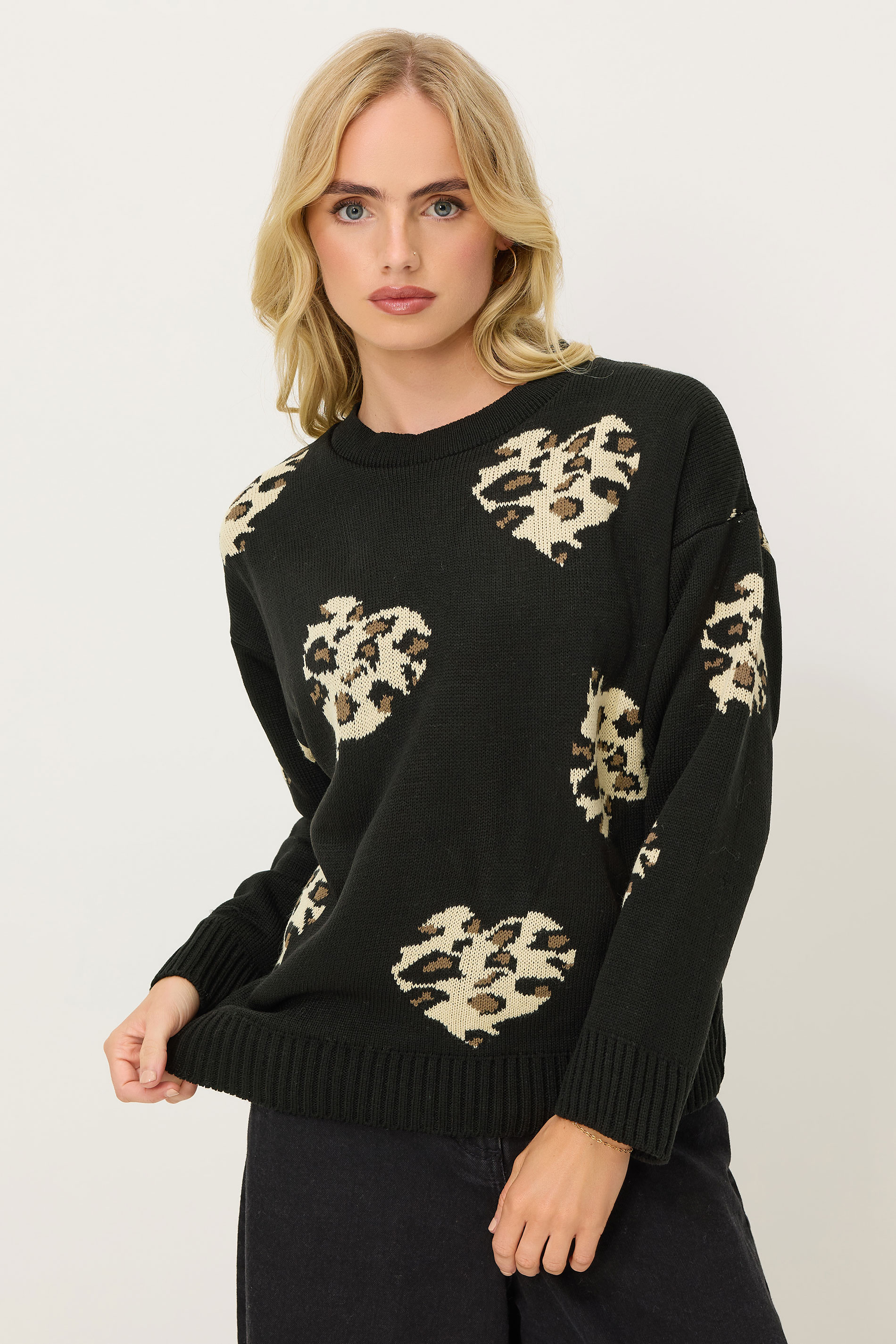 PixieGirl Petite Women's Black Leopard Print Heart Jumper | PixieGirl 1