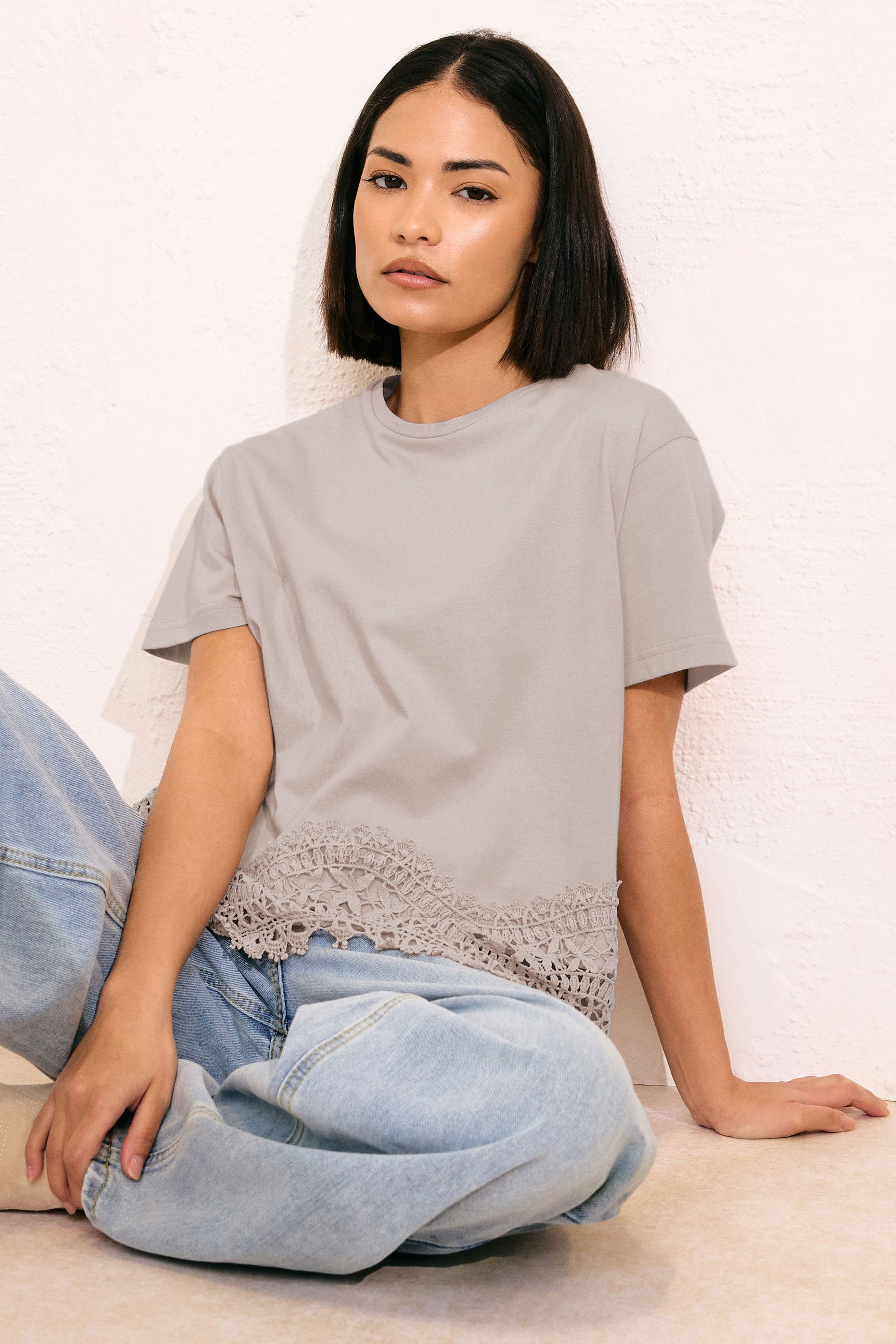 PixieGirl Petite Women's Stone Brown Crochet Hemline T-Shirt | PixieGirl 2