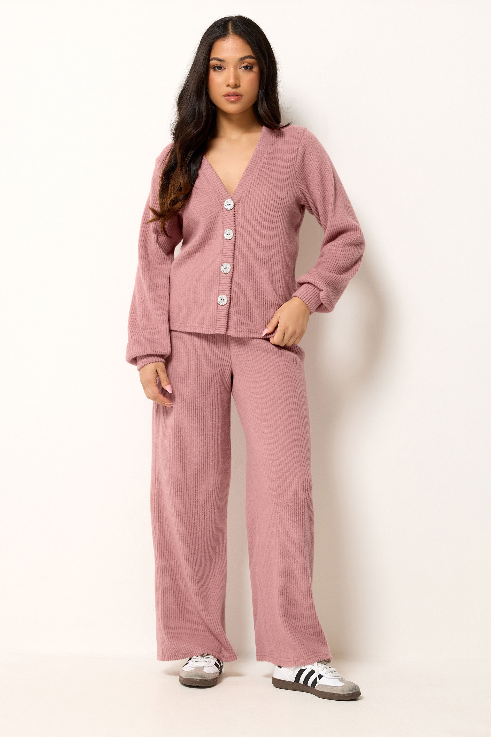 Pixiegirl Women's Pink Petite Marl Ribbed Soft Touch Wide Leg Trousers Size 8