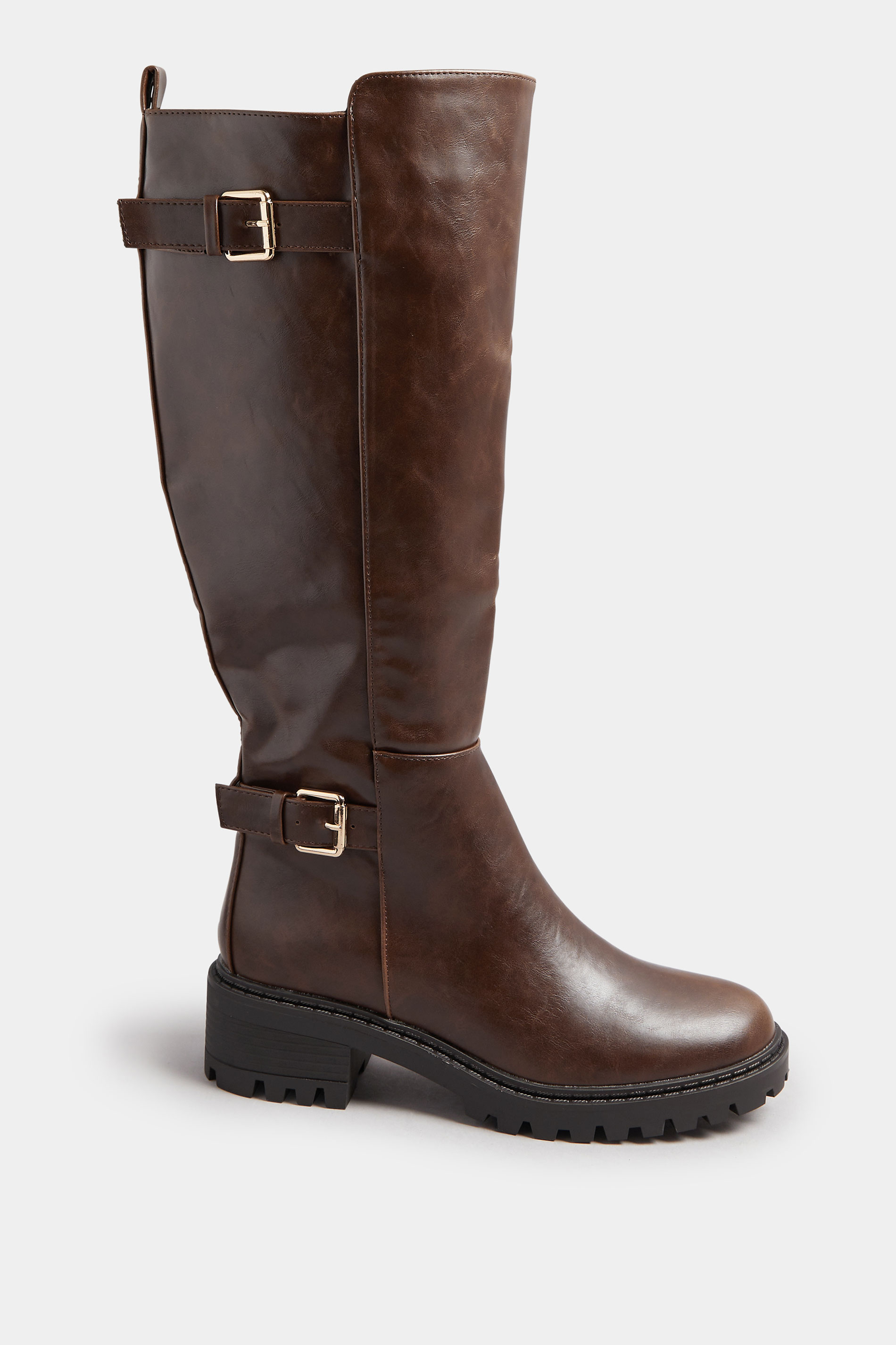 Brown Faux Leather Buckle Detail Knee High Boots In Standard Fit | Yours Clothing 3