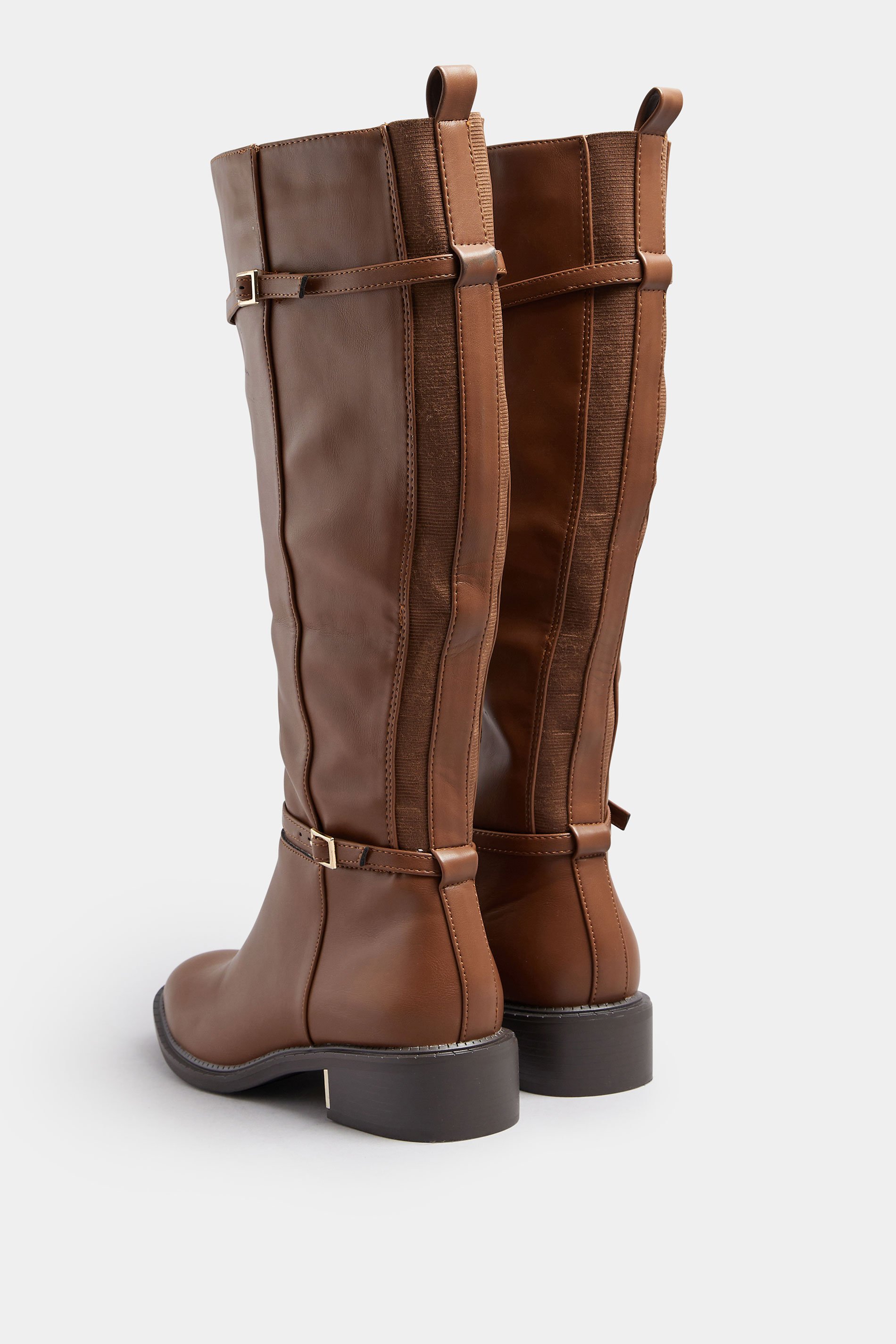 Brown Buckle Stretch Back Knee High Boots In Standard Fit | Yours Clothing 4