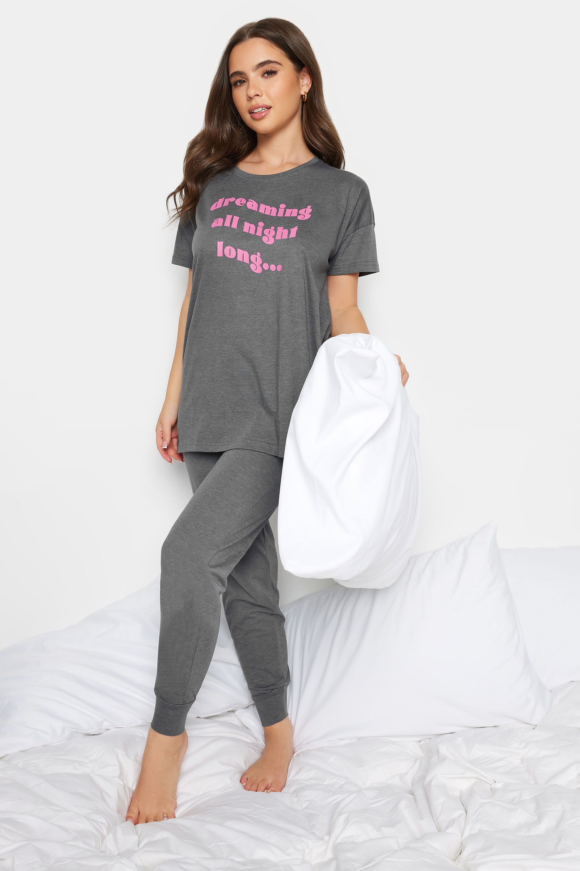 PixieGirl Petite Womens Charcoal Grey 'Dreaming All Night Long' Slogan Pyjama Set | PixieGirl 2