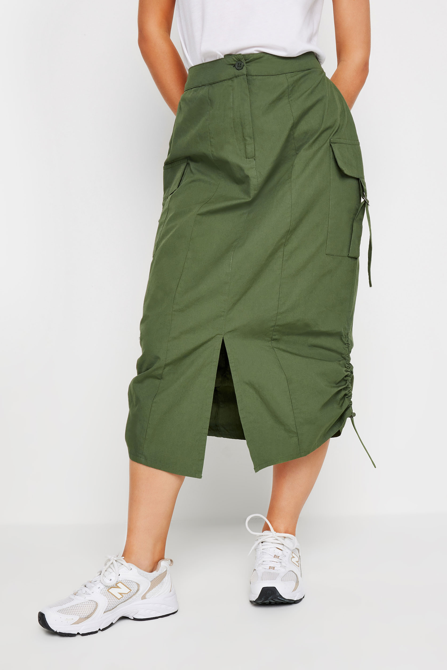 PixieGirl Khaki Green Cargo Ruched Midi Skirt | PixieGirl  2