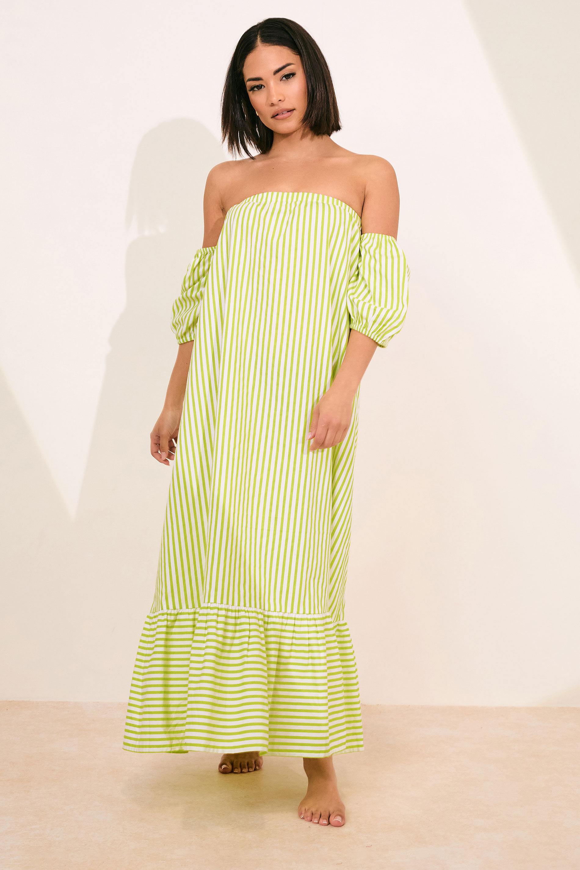 PixieGirl Petite Women's Lime Green Stripe Bardot Midaxi Dress | PixieGirl 4