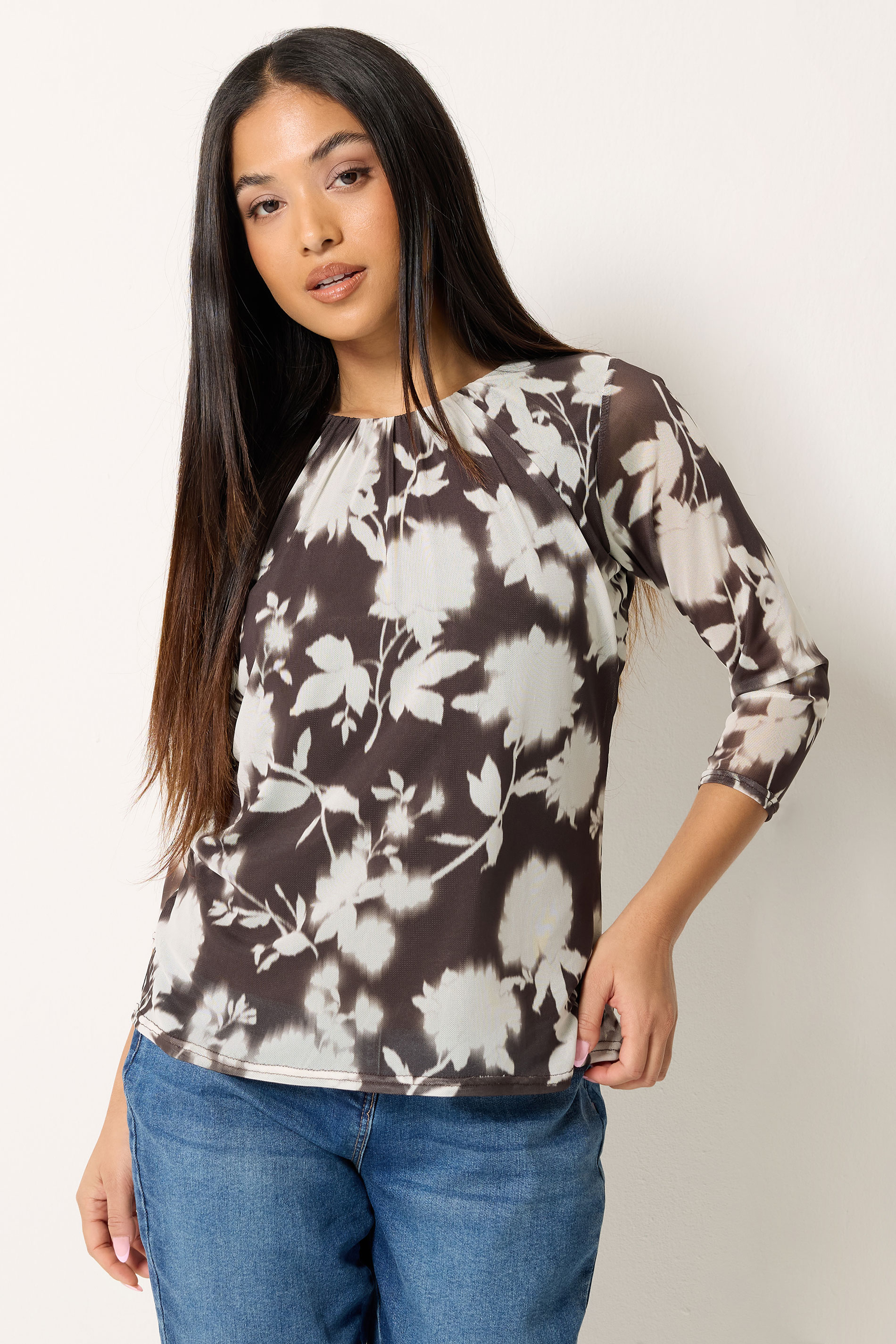 M&Co Petite Brown Floral Print Mesh Crew Neck Top | M&Co 3