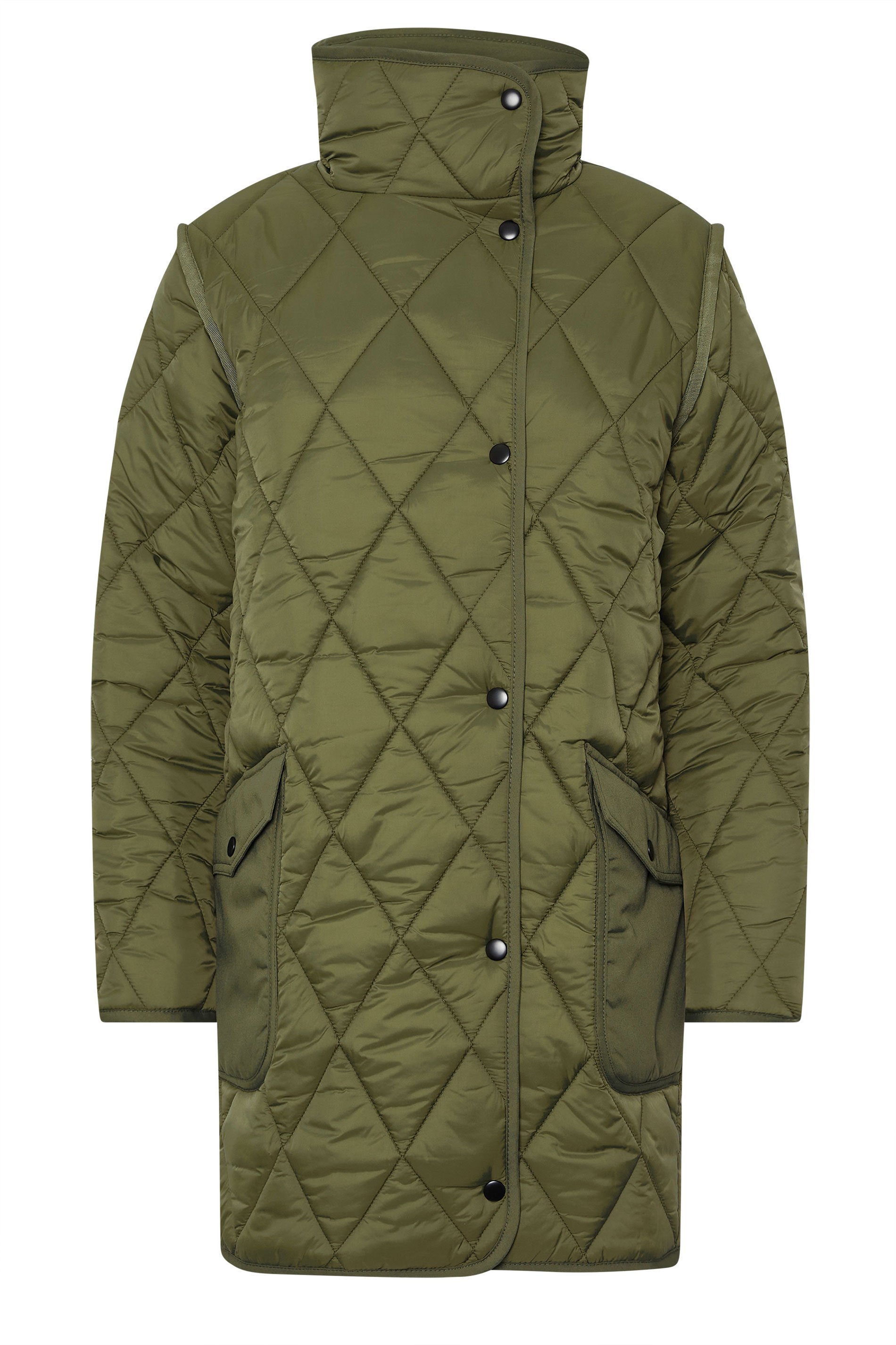 PixieGirl Petite Women's Khaki Green Funnel Neck Quilted Coat | PixieGirl 6