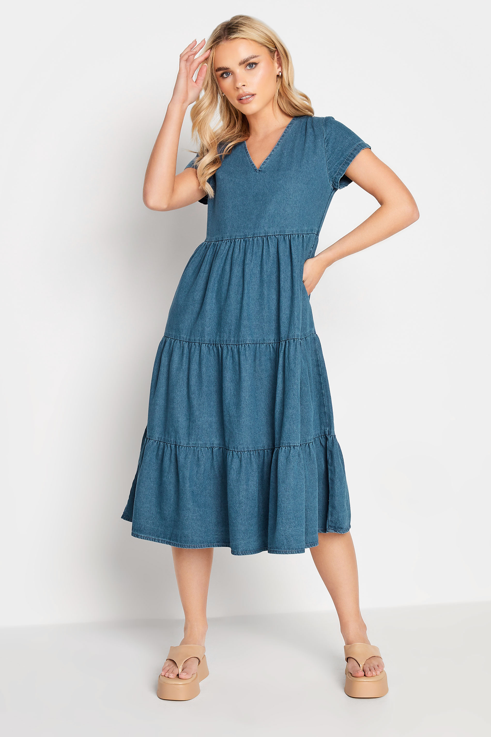 PixieGirl Petite Womens Blue Denim Tiered V-Neck Midi Dress | PixieGirl 1