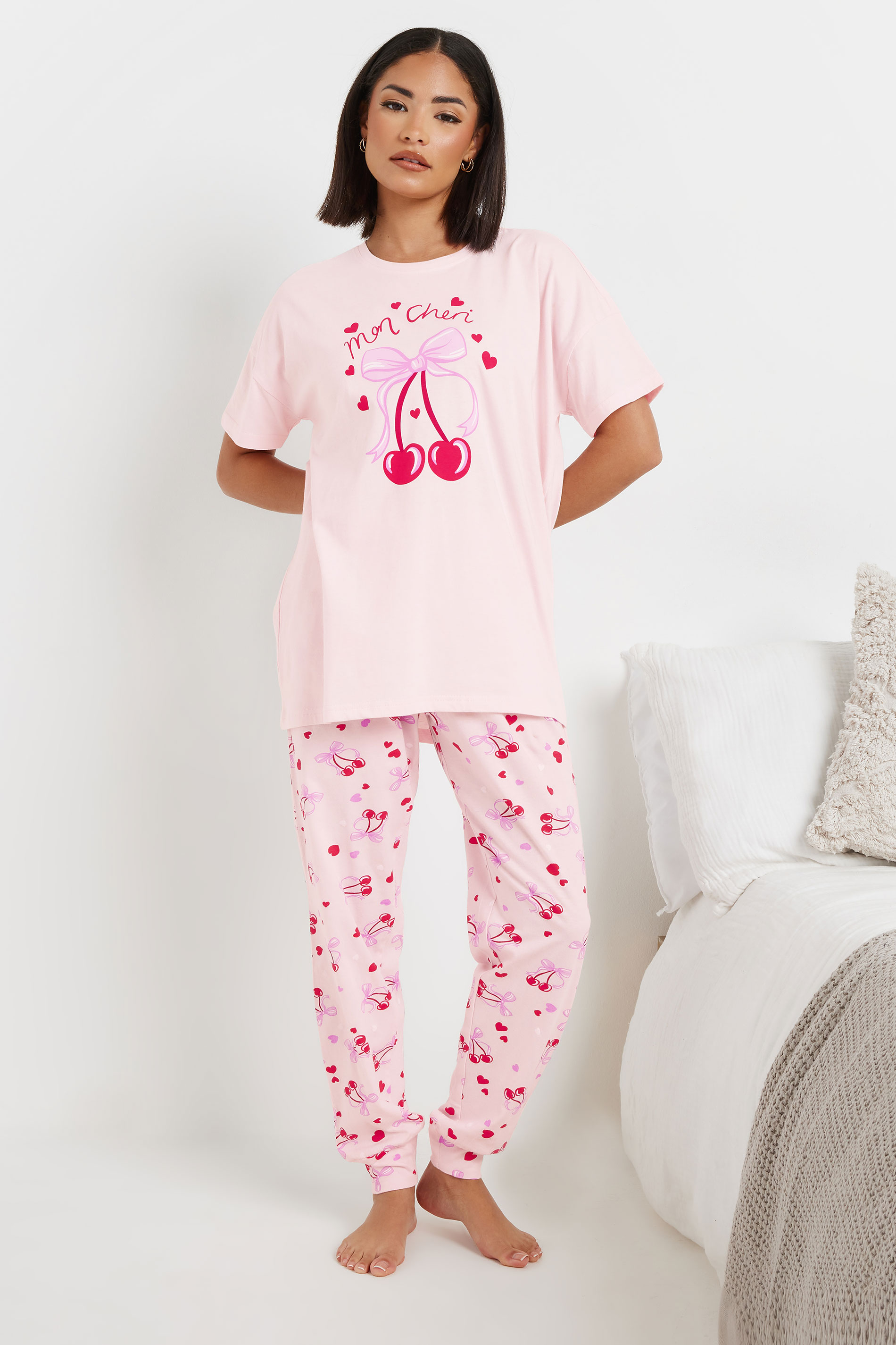 PixieGirl Petite Women's Pink 'Mon Cheri' Graphic Cuffed Pyjama Set | PixieGirl 1