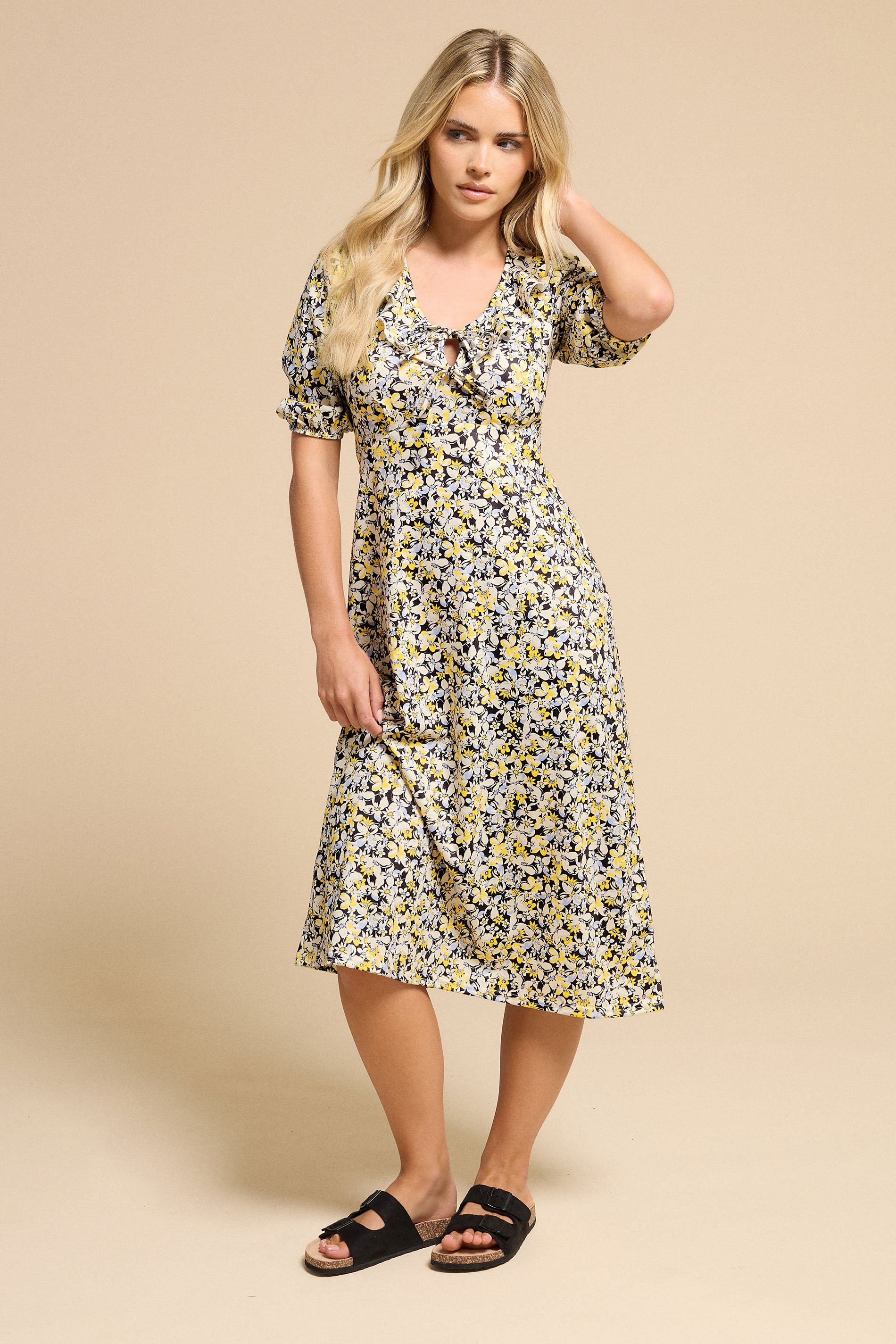 PixieGirl Petite Women's Yellow Ditsy Floral Frill Tie Midi Dress | PixieGirl 1