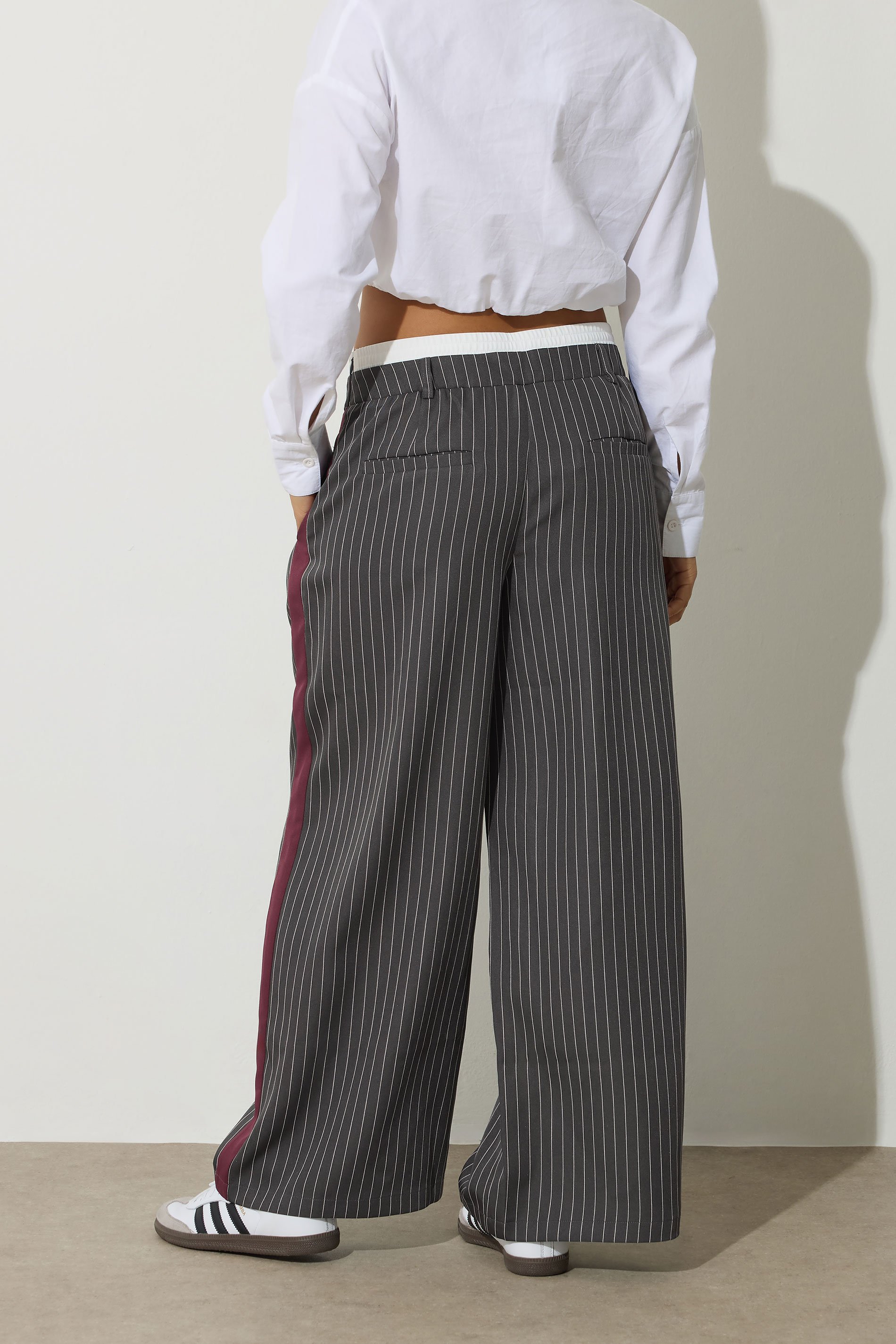 PixieGirl Petite Women's Grey Pinstripe Wide Leg Trouser | PixieGirl 3
