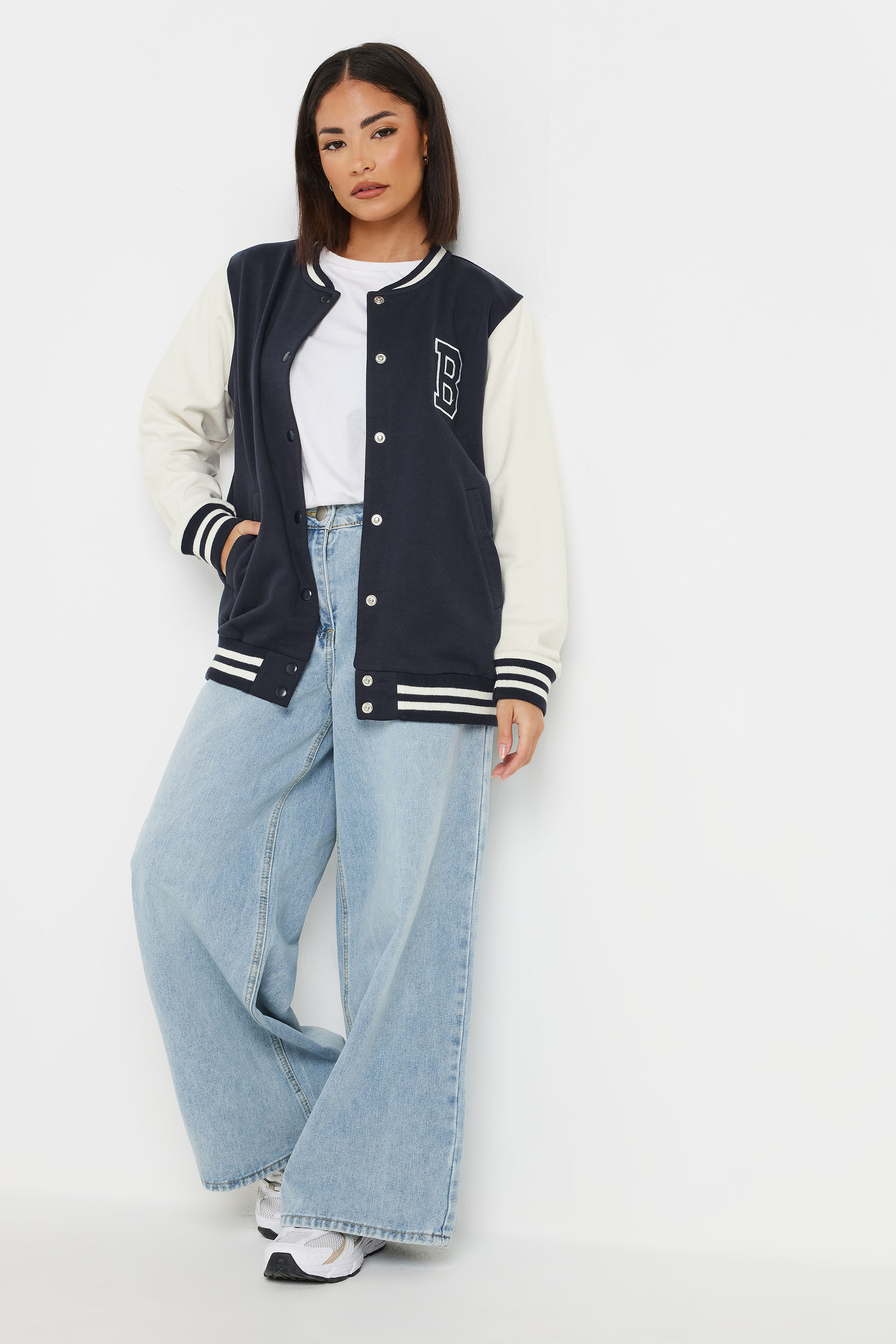 PixieGirl Petite Women's Navy Blue 'Boston' Slogan Varsity Bomber Jacket | PixieGirl 2