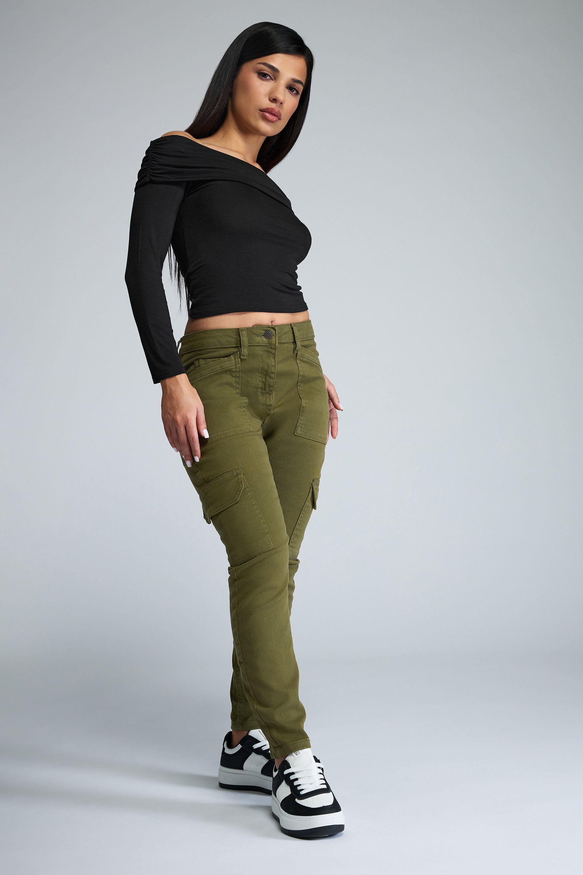 PixieGirl Petite Womens Khaki Green Pocket Detail Cargo Skinny Jeans | PixieGirl 1