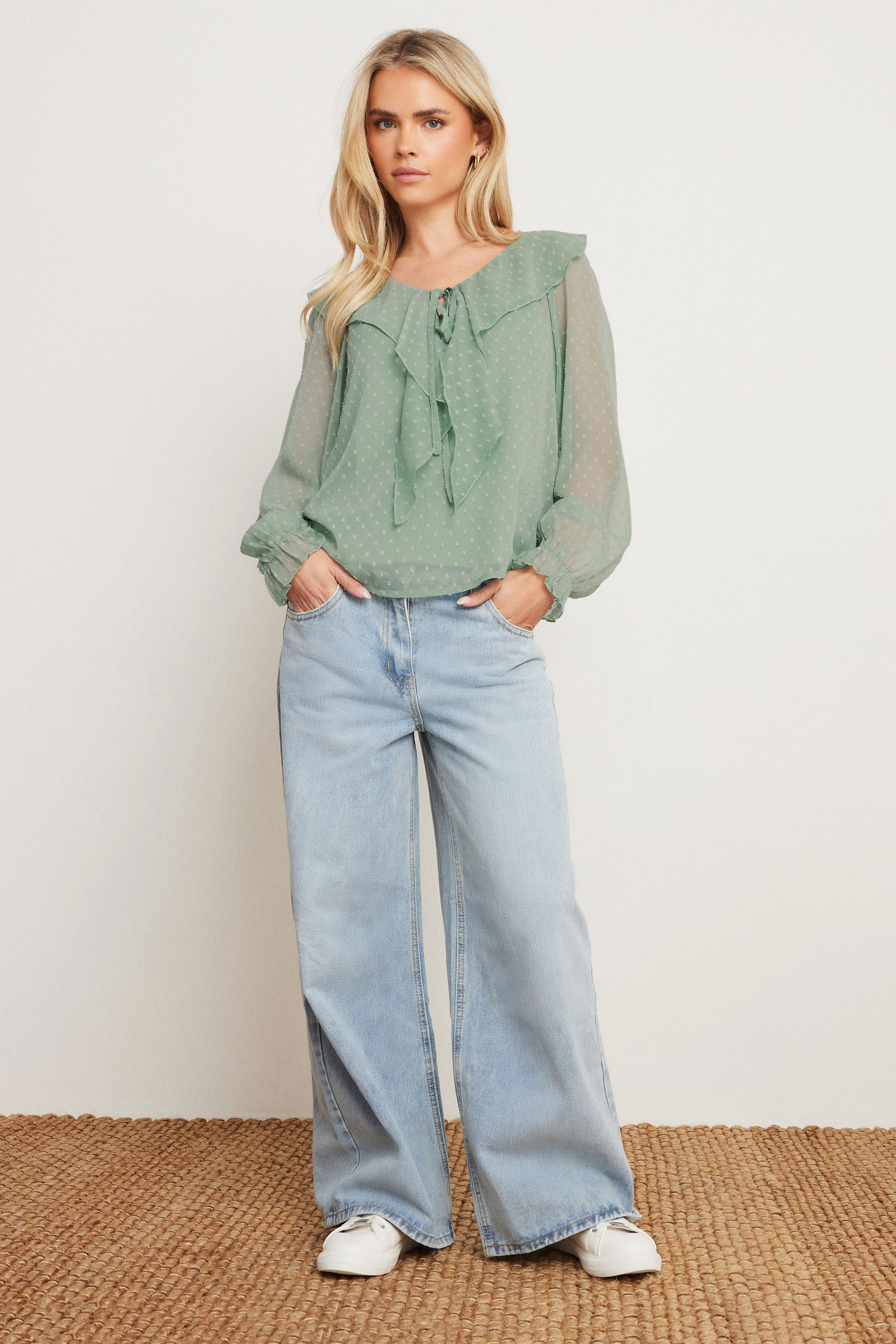 PixieGirl Petite Women's Sage Green Dobby Frill Blouse | PixieGirl 2