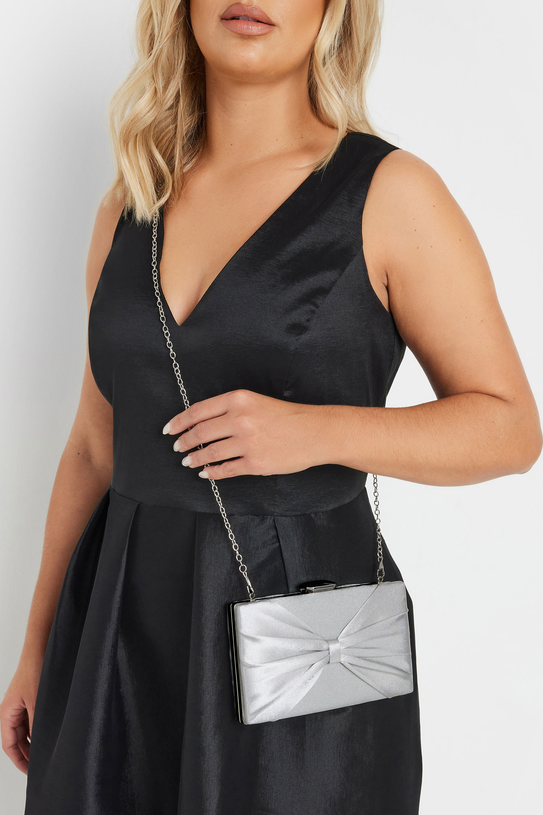 Silver Satin Bow Detail Clutch Bag | Yours Clothing 1