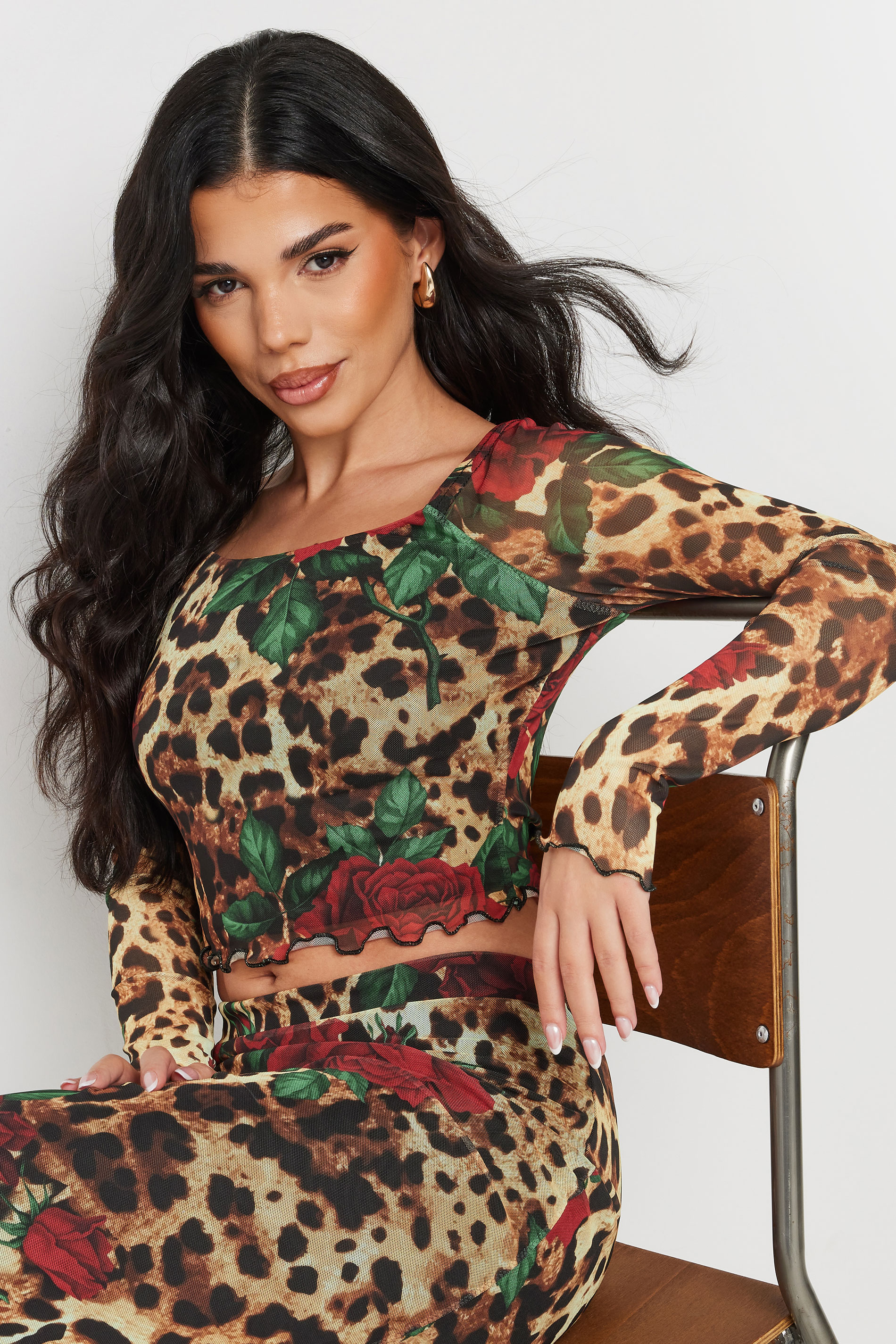 PixieGirl Petite Women's Beige Brown Leopard Print Rose Mesh Top | PixieGirl 1