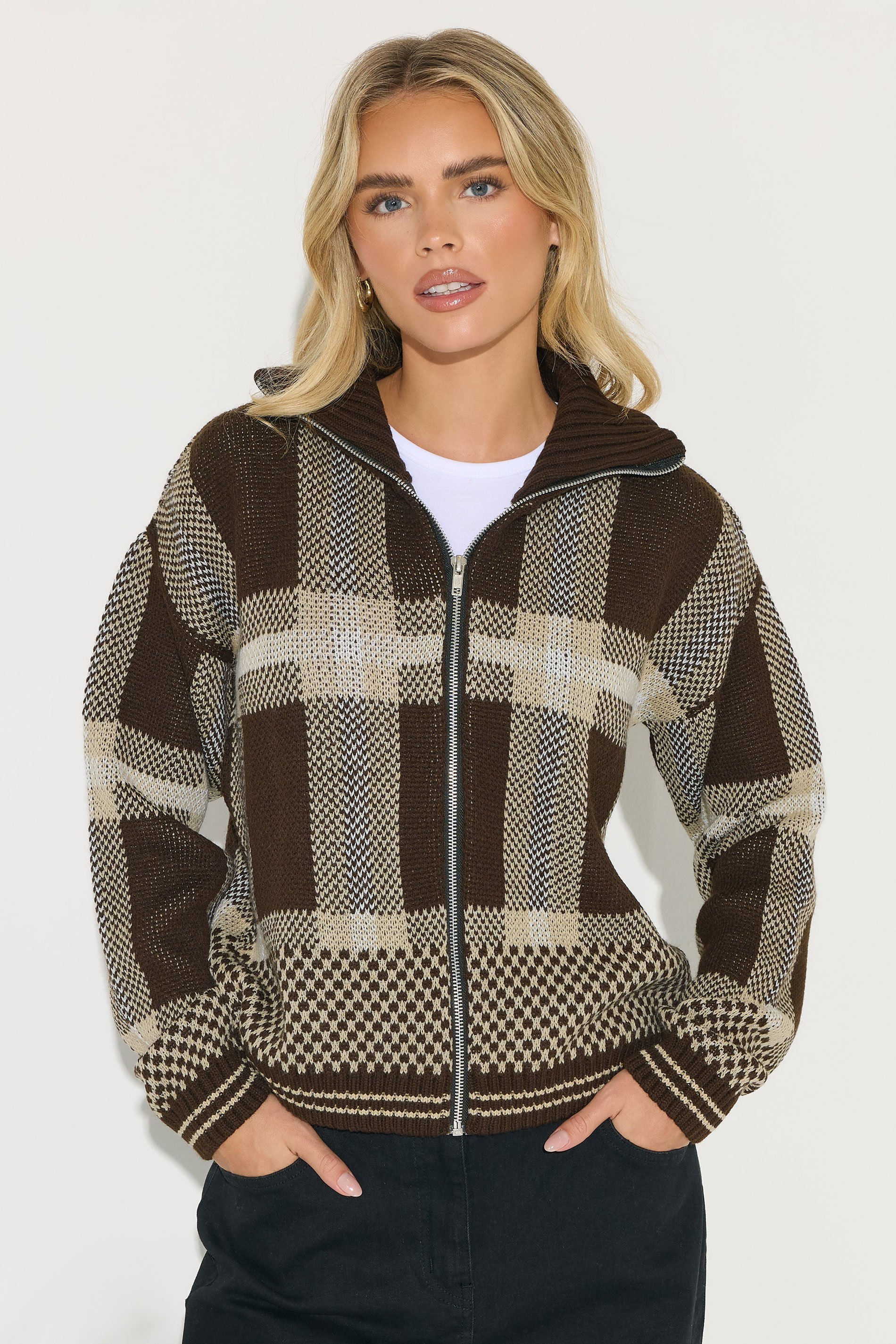 PixieGirl Petite Women's Chocolate Brown Knitted Check Zip Cardigan | PixieGirl 1