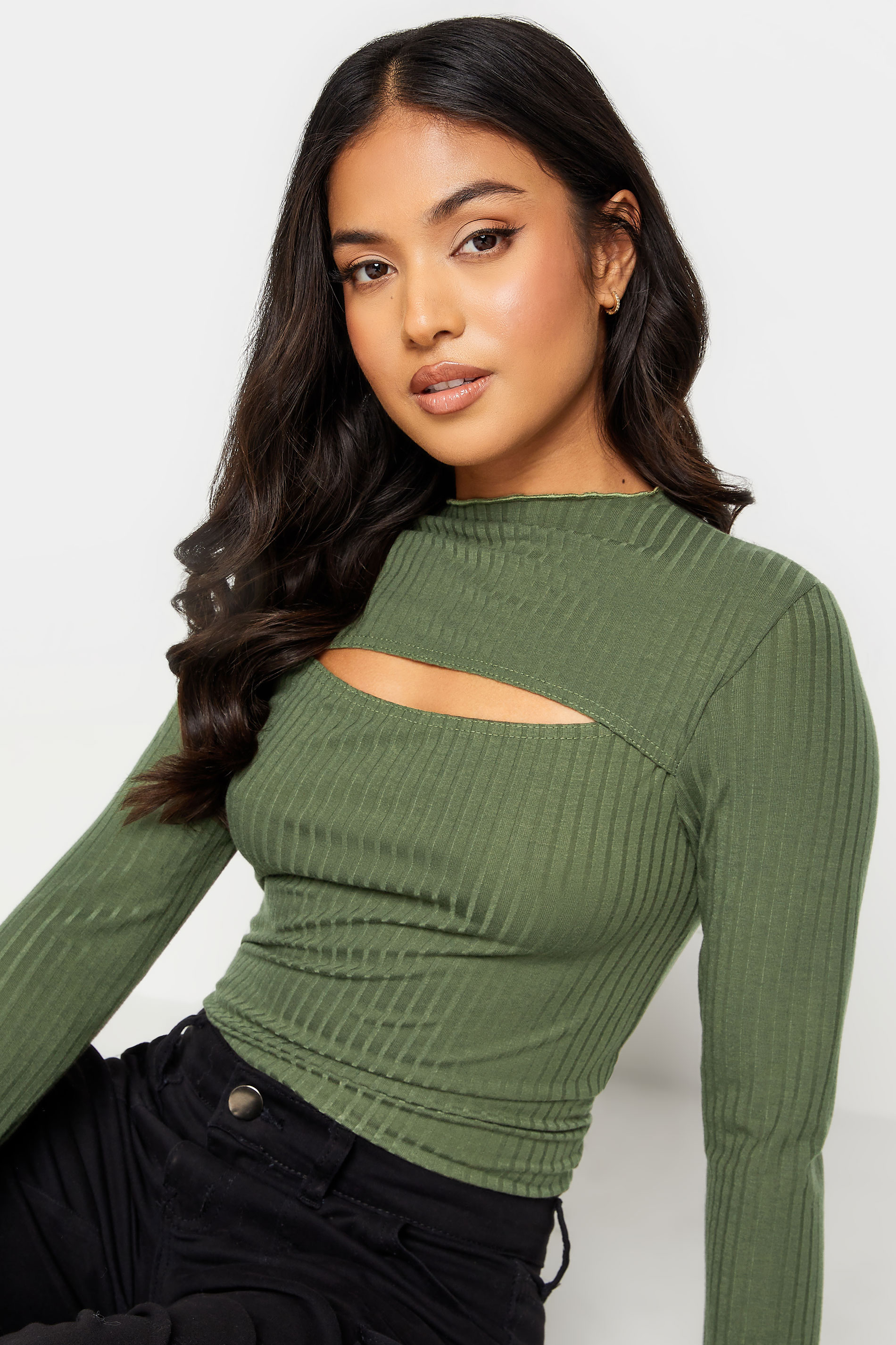 PixieGirl Khaki Green Lettuce Hem Cut Out Ribbed Top | PixieGirl  4